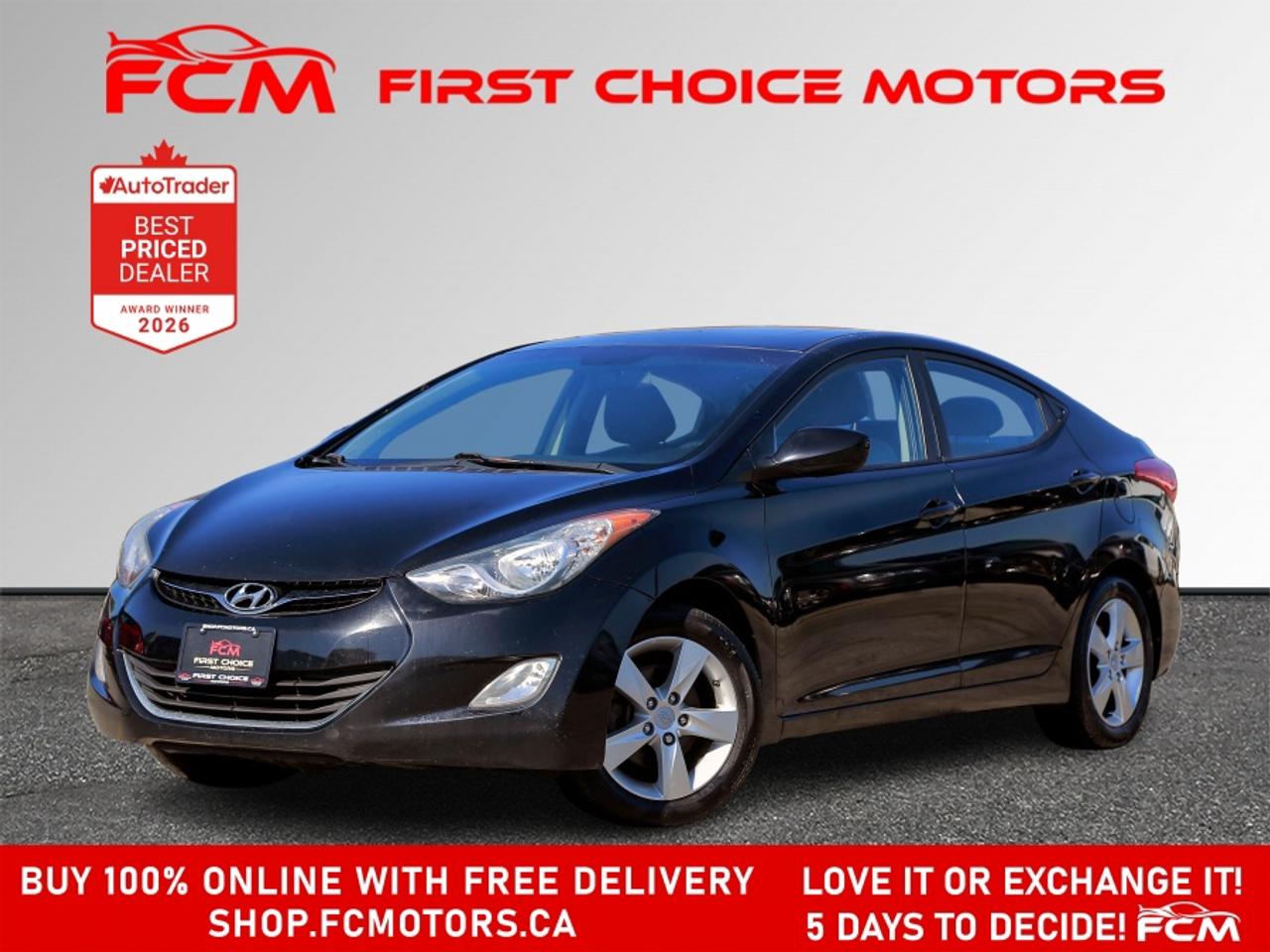 ** ** SPECIAL LIMITED TIME OFFER ** ** PURCHASE ANY VEHICLE THIS WEEK AND RECEIVE 4 BRAND-NEW ALL-SEASON TIRES AT NO ADDITIONAL COST!!! DON   T MISS THIS EXCLUSIVE CHANCE TO UPGRADE YOUR RIDE AND STAY PREPARED FOR ANY WEATHER!!! <br><br>EXCITING NEWS FROM FIRST CHOICE MOTORS! Our brand-new online showroom is now open to the public, bringing the ultimate car shopping experience right to your fingertips! Enjoy a 100% online car shopping experience, with over 500 certified vehicles in stock, comprehensive protection plans, and thousands of new auto parts & accessories available! Plus, for a limited time, were offering FREE deliveries across Ontario on all vehicle purchases! Dont miss out   visit Shop.fcmotors.ca to find and upgrade your perfect vehicle today!<br><br>Welcome to First Choice Motors, the largest car dealership in Toronto of pre-owned cars, SUVs, and vans priced between $5000-$15,000. With an impressive inventory of over 300 vehicles in stock, we are dedicated to providing our customers with a vast selection of affordable and reliable options. <br><br>Were thrilled to offer a used 2013 Hyundai Elantra GLS, black color with 165,000km (STK#9918) This vehicle was $7990 NOW ON SALE FOR $6990. It is equipped with the following features:<br>- Automatic Transmission<br>- Sunroof<br>- Heated seats<br>- Bluetooth<br>- Power windows<br>- Power locks<br>- Power mirrors<br>- Air Conditioning<br><br>At First Choice Motors, we believe in providing quality vehicles that our customers can depend on. All our vehicles come with a 36-day guarantee on all safety related items. We also offer additional warranty options up to 5 years for our customers who want extra peace of mind.<br><br>Furthermore, all our vehicles are sold fully certified with brand new brakes rotors and pads, a fresh oil change, and brand new set of all-season tires installed & balanced. You can be confident that this car is in excellent condition and ready to hit the road.<br><br>At First Choice Motors, we believe that everyone deserves a chance to own a reliable and affordable vehicle. Thats why we offer financing options with low interest rates starting at 7.9% O.A.C. Were proud to approve all customers, including those with bad credit, no credit, students, and even 9 socials. Our finance team is dedicated to finding the best financing option for you and making the car buying process as smooth and stress-free as possible.<br><br>Our dealership is open 7 days a week to provide you with the best customer service possible. We carry the largest selection of used vehicles for sale under $9990 in all of Ontario. We stock over 300 cars, mostly Hyundai, Chevrolet, Mazda, Honda, Volkswagen, Toyota, Ford, Dodge, Kia, Mitsubishi, Acura, Lexus, and more. With our ongoing sale, you can find your dream car at a price you can afford. Come visit us today and experience why we are the best choice for your next used car purchase!<br><br>All prices include $22.00 OMVIC Fee.  Excludes, license plates, ownership registration and ONTARIO HST (13%)<br>*No Credit Card payments can be accepted for Vehicle Purchases*