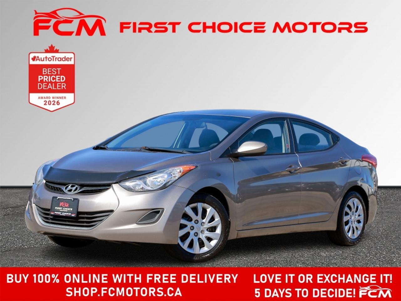 ** ** SPECIAL LIMITED TIME OFFER ** ** PURCHASE ANY VEHICLE THIS WEEK AND RECEIVE 4 BRAND-NEW ALL-SEASON TIRES AT NO ADDITIONAL COST!!! DON   T MISS THIS EXCLUSIVE CHANCE TO UPGRADE YOUR RIDE AND STAY PREPARED FOR ANY WEATHER!!! <br><br>EXCITING NEWS FROM FIRST CHOICE MOTORS! Our brand-new online showroom is now open to the public, bringing the ultimate car shopping experience right to your fingertips! Enjoy a 100% online car shopping experience, with over 500 certified vehicles in stock, comprehensive protection plans, and thousands of new auto parts & accessories available! Plus, for a limited time, were offering FREE deliveries across Ontario on all vehicle purchases! Dont miss out   visit Shop.fcmotors.ca to find and upgrade your perfect vehicle today!<br><br>Welcome to First Choice Motors, the largest car dealership in Toronto of pre-owned cars, SUVs, and vans priced between $5000-$15,000. With an impressive inventory of over 300 vehicles in stock, we are dedicated to providing our customers with a vast selection of affordable and reliable options. <br><br>Were thrilled to offer a used 2012 Hyundai Elantra GL, brown color with 295,000km (STK#9929) This vehicle was $5490 NOW ON SALE FOR $4990. It is equipped with the following features:<br>- Automatic Transmission<br>- Heated seats<br>- Bluetooth<br>- Power windows<br>- Power locks<br>- Power mirrors<br>- Air Conditioning<br><br>At First Choice Motors, we believe in providing quality vehicles that our customers can depend on. All our vehicles come with a 36-day guarantee on all safety related items. We also offer additional warranty options up to 5 years for our customers who want extra peace of mind.<br><br>Furthermore, all our vehicles are sold fully certified with brand new brakes rotors and pads, a fresh oil change, and brand new set of all-season tires installed & balanced. You can be confident that this car is in excellent condition and ready to hit the road.<br><br>At First Choice Motors, we believe that everyone deserves a chance to own a reliable and affordable vehicle. Thats why we offer financing options with low interest rates starting at 7.9% O.A.C. Were proud to approve all customers, including those with bad credit, no credit, students, and even 9 socials. Our finance team is dedicated to finding the best financing option for you and making the car buying process as smooth and stress-free as possible.<br><br>Our dealership is open 7 days a week to provide you with the best customer service possible. We carry the largest selection of used vehicles for sale under $9990 in all of Ontario. We stock over 300 cars, mostly Hyundai, Chevrolet, Mazda, Honda, Volkswagen, Toyota, Ford, Dodge, Kia, Mitsubishi, Acura, Lexus, and more. With our ongoing sale, you can find your dream car at a price you can afford. Come visit us today and experience why we are the best choice for your next used car purchase!<br><br>All prices include $22.00 OMVIC Fee.  Excludes, license plates, ownership registration and ONTARIO HST (13%)<br>*No Credit Card payments can be accepted for Vehicle Purchases*