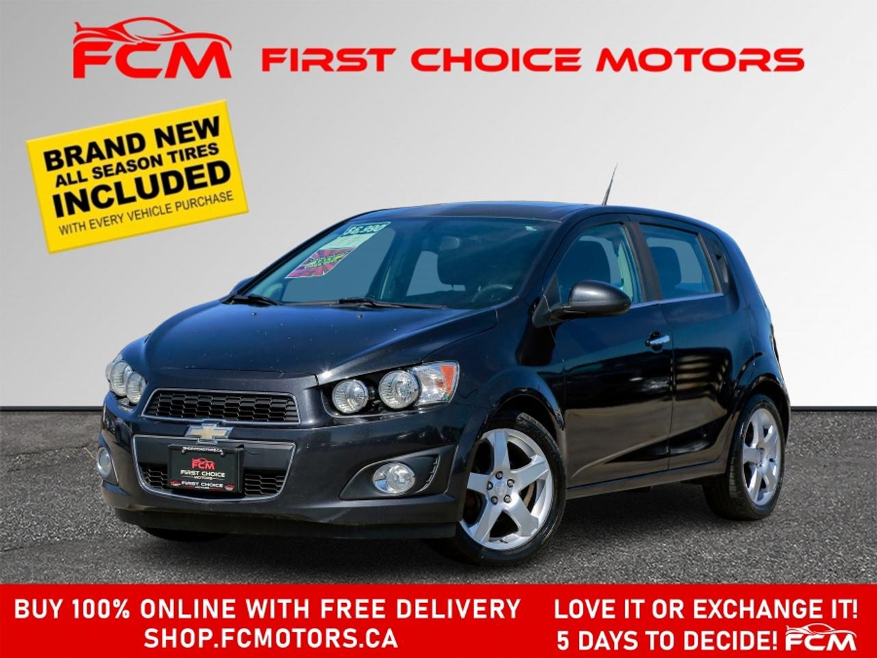 ** ** SPECIAL LIMITED TIME OFFER ** ** PURCHASE ANY VEHICLE THIS WEEK AND RECEIVE 4 BRAND-NEW ALL-SEASON TIRES AT NO ADDITIONAL COST!!! DON   T MISS THIS EXCLUSIVE CHANCE TO UPGRADE YOUR RIDE AND STAY PREPARED FOR ANY WEATHER!!! <br><br>EXCITING NEWS FROM FIRST CHOICE MOTORS! Our brand-new online showroom is now open to the public, bringing the ultimate car shopping experience right to your fingertips! Enjoy a 100% online car shopping experience, with over 500 certified vehicles in stock, comprehensive protection plans, and thousands of new auto parts & accessories available! Plus, for a limited time, were offering FREE deliveries across Ontario on all vehicle purchases! Dont miss out   visit Shop.fcmotors.ca to find and upgrade your perfect vehicle today!<br><br>Welcome to First Choice Motors, the largest car dealership in Toronto of pre-owned cars, SUVs, and vans priced between $5000-$15,000. With an impressive inventory of over 300 vehicles in stock, we are dedicated to providing our customers with a vast selection of affordable and reliable options. <br><br>Were thrilled to offer a used 2014 Chevrolet Sonic LT, black color with 128,000km (STK#9931) This vehicle was $6990 NOW ON SALE FOR $5990. It is equipped with the following features:<br>- Automatic Transmission<br>- Hatchback<br>- Sunroof<br>- Heated seats<br>- Bluetooth<br>- Reverse camera<br>- Alloy wheels<br>- Power windows<br>- Power locks<br>- Power mirrors<br>- Air Conditioning<br><br>At First Choice Motors, we believe in providing quality vehicles that our customers can depend on. All our vehicles come with a 36-day guarantee on all safety related items. We also offer additional warranty options up to 5 years for our customers who want extra peace of mind.<br><br>Furthermore, all our vehicles are sold fully certified with brand new brakes rotors and pads, a fresh oil change, and brand new set of all-season tires installed & balanced. You can be confident that this car is in excellent condition and ready to hit the road.<br><br>At First Choice Motors, we believe that everyone deserves a chance to own a reliable and affordable vehicle. Thats why we offer financing options with low interest rates starting at 7.9% O.A.C. Were proud to approve all customers, including those with bad credit, no credit, students, and even 9 socials. Our finance team is dedicated to finding the best financing option for you and making the car buying process as smooth and stress-free as possible.<br><br>Our dealership is open 7 days a week to provide you with the best customer service possible. We carry the largest selection of used vehicles for sale under $9990 in all of Ontario. We stock over 300 cars, mostly Hyundai, Chevrolet, Mazda, Honda, Volkswagen, Toyota, Ford, Dodge, Kia, Mitsubishi, Acura, Lexus, and more. With our ongoing sale, you can find your dream car at a price you can afford. Come visit us today and experience why we are the best choice for your next used car purchase!<br><br>All prices include $22.00 OMVIC Fee.  Excludes, license plates, ownership registration and ONTARIO HST (13%)<br>*No Credit Card payments can be accepted for Vehicle Purchases*