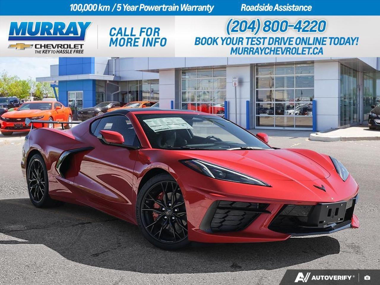 * ENGINE 6.2L V8 DI HIGH-OUTPUT * * EXHAUST PERFORMANCE * * TRANSMISSION 8-SPEED DUAL CLUTCH *  Experience the thrill of the open road in Winnipeg with the 2026 Chevrolet Corvette 1LT, a masterpiece of automotive engineering. This stunning 2-door car comes equipped with a powerful 6.2L V8 engine that delivers an exhilarating 490 horsepower at 6450 rpm, ensuring every drive is a pulse-pounding adventure. The performance exhaust system amplifies the aggressive sound, perfectly matching the vehicles dynamic capabilities.  The 8-speed dual-clutch transmission offers seamless gear transitions, providing both manual and automatic modes to cater to your driving preferences. This Corvette is adorned with 19 x 8.5 front and 20 x 11 rear gloss black forged aluminum wheels, enhancing both its aesthetic and performance appeal.  Step inside to discover a cockpit designed for the discerning driver, featuring jet black Mulan leather seating surfaces and torch red seat belts, creating a striking interior ambiance. With advanced features such as a navigation system, Bluetooth connection, and a premium sound system, every journey is as entertaining as it is thrilling.   Dealer Permit #1740