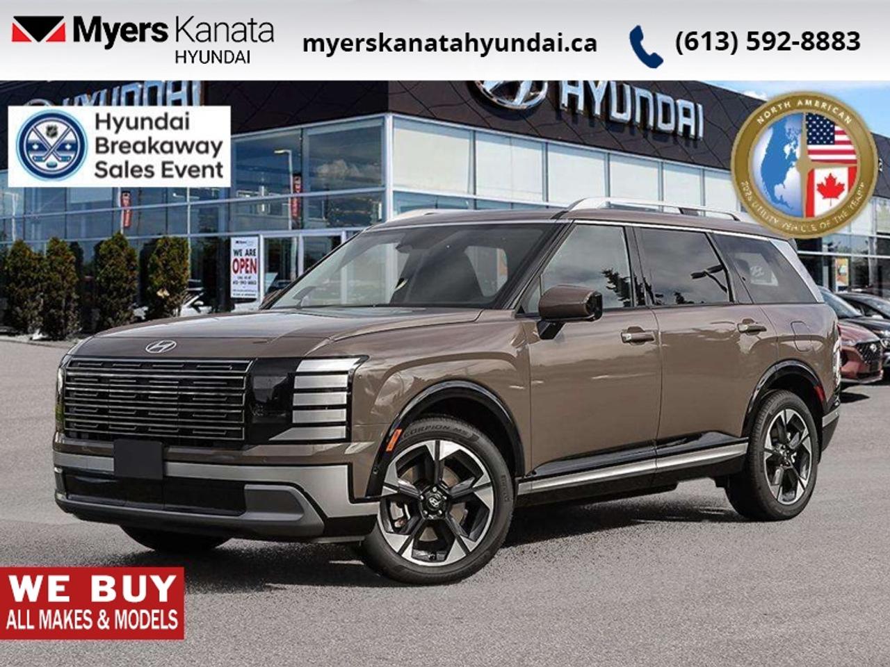 <b>Leather Seats!</b><br> <br> The 2026 Hyundai Palisade Hybrid features intelligent technology and safety systems engineered to support every journey with confidence.<br> <br>The 2026 Hyundai Palisade Hybrid brings together three-row comfort, premium craftsmanship and enhanced efficiency in a luxury-inspired SUV crafted for modern families. Inside, the cabin features upscale materials, intuitive technology and flexible seating that support driver and passengers alike. With its sophisticated styling, smart features and Hyundais commitment to thoughtful design, the Palisade Hybrid stands out as a compelling choice in the segment.<br> <br>This Cast Iron Bwn SUV has an Automatic transmission and is powered by a 329HP 2.5L 4 Cylinder Engine. <br> <br> Our Palisade Hybrids trim level is Luxury 7-Passenger. This SUV elevates modern luxury with heated and ventilated leather seating, dual sunroofs, genuine wood interior accents, and an advanced Bose 14-speaker audio system paired with a 12.3 infotainment display, wireless connectivity, and in-car intercom for a seamlessly connected lifestyle. Convenience and comfort are woven into every drive with smart key access, remote start, memory seating, adaptive cruise control, mobile hotspot capability, and a power liftgate that makes daily life feel effortless. Safety is uncompromising, featuring forward collision avoidance with pedestrian and cyclist detection, blind-spot and rear cross-traffic assist, aerial-view cameras with parking guidance, driver monitoring, evasive steering assist and a full suite of airbags, all designed to create peace of mind while enhancing every journey. This vehicle has been upgraded with the following features: Leather Seats.<br><br> <br>To apply right now for financing use this link: <a href=https://www.myerskanatahyundai.com/finance/ target=_blank>https://www.myerskanatahyundai.com/finance/</a><br> <br/>This vehicle may qualify for $500 Military Program Bonus. 5.99% financing for 96 months. <br> Buy this vehicle now for the lowest weekly payment of <b>$209.64</b> with $0 down for 96 months @ 5.99% APR O.A.C. ( Plus applicable taxes - $2596 and licensing fees **Rebates may not be applicable on all purchase types [cash, lease, or finance]. Eligibility and conditions may vary. Please see dealer for full details and confirmation of eligibility. ). Incentives expire 2026-08-31. See dealer for details. <br><br>This vehicle is located at Myers Kanata Hyundai 400-2500 Palladium Dr Kanata, Ontario. <br><br> Come by and check out our fleet of 40+ used cars and trucks and 190+ new cars and trucks for sale in Kanata.  o~o