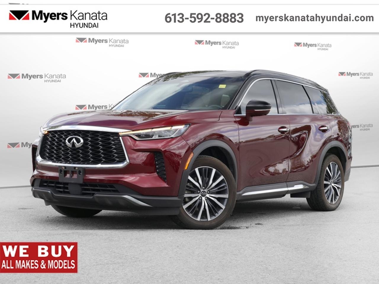 <b>Cooled Seats,  Massage Seats,  Premium Audio,  HUD,  Navigation!</b><br> <br> With roomy seating and comfortable ride, this Infiniti QX60 is a good choice for a family-oriented, seven-passenger luxury crossover. This 2023 INFINITI QX60 is fresh on our lot in Kanata.<br> <br>This Infiniti QX60 is transforming the seven-passenger crossover segment with a harmonious connection between expressive design, attention to detail, and intuitive technology. Dont let its beauty fool you though. This QX60 can handle the toughest roads.  Experience luxury made sensory and desire with unprecedented potential.<br> <br>This SUV has 53,524 km. Its nice in colour. It has an Automatic transmission and is powered by a 295HP 3.5L V6 Cylinder Engine. <br> <br> Our QX60s trim level is Autograph. A gorgeous sunroof, heads up display, wood trim, cozy heated and cooled leather seats with contrast stitching and piping, massage and memory settings, and a comforting heated steering wheel set the vibe in this luxurious QX60. INFINITI InTouch with navigation, Bose premium audio, Android Auto, Wireless Apple CarPlay, hands free phone and audio streaming, hands free texting, wi-fi, and even more connectivity features make every drive a confident easy experience. Proximity keys, remote start, a proximity power liftgate, and rain sensing wipers offer top shelf convenience while distance pacing cruise with stop and go, parking sensors, lane keep assist, blind spot intervention, collision warning, lane departure warning, collision mitigation, emergency braking, driver alert, and an aerial view camera help you stay safe. This vehicle has been upgraded with the following features: Cooled Seats, Massage Seats, Premium Audio, HUD, Navigation, Adaptive Cruise Control, 360 Camera.<br> <br>To apply right now for financing use this link: <a href=https://www.myerskanatahyundai.com/finance/ target=_blank>https://www.myerskanatahyundai.com/finance/</a><br> <br/><br>Smart buyers buy at Myers where all cars come Myers Certified including a 1 year tire and road hazard warranty (some conditions apply, see dealer for full details.)<br> <br>This vehicle is located at Myers Kanata Hyundai 400-2500 Palladium Dr Kanata, Ontario.<br>*LIFETIME ENGINE TRANSMISSION WARRANTY NOT AVAILABLE ON VEHICLES WITH KMS EXCEEDING 140,000KM, VEHICLES 8 YEARS & OLDER, OR HIGHLINE BRAND VEHICLE(eg. BMW, INFINITI. CADILLAC, LEXUS...)<br> Come by and check out our fleet of 40+ used cars and trucks and 170+ new cars and trucks for sale in Kanata.  o~o