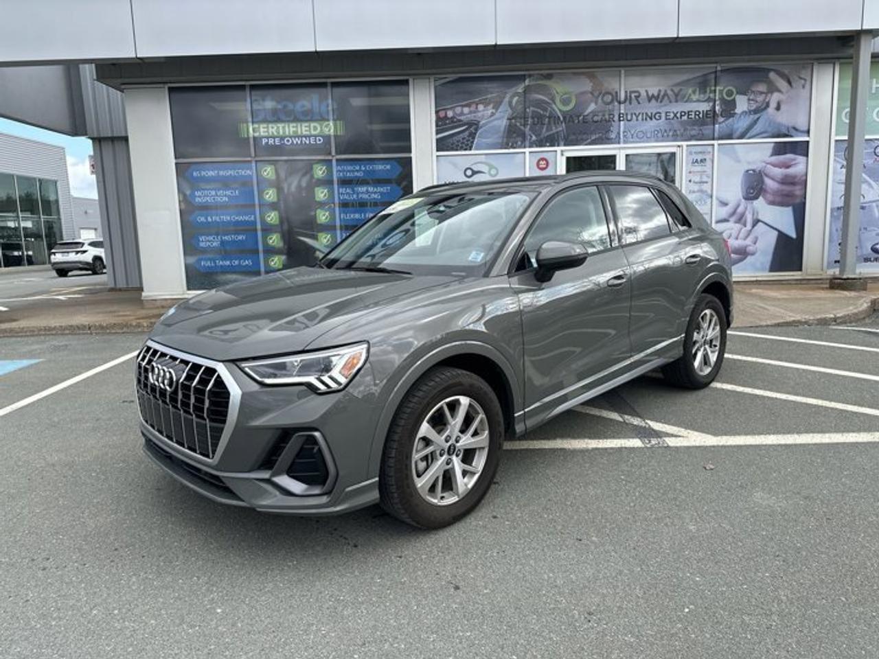 Fresh oil and filter change, new rear brakes, and a completed Motor Vehicle Inspection were performed following a full mechanical inspection, brake and tire measurements, and a road test by a certified technician, with the vehicle passing inspection without the need for additional corrective repairs. This *2024 Audi Q3 45 Komfort quattro with 53,463 km* is a well-equipped compact luxury SUV that balances everyday practicality with Audis confident *quattro all wheel drive* system. Powered by a responsive *2.0L engine paired with an automatic transmission*, the Q3 delivers composed year-round performance while maintaining the refined driving experience expected from the brand. The *gray exterior with black leather interior* offers a clean, understated look, while key features include *heated seats*, a *panoramic roof*, *Audi Pre Sense collision mitigation*, and *Audi floor liners with cargo tray* for added protection and convenience. With a *clean accident history*, this Q3 represents a thoughtful option for buyers seeking a modern luxury SUV with proven all-weather capability. We welcome you to *book a viewing and test drive* to experience this Audi Q3 in person.