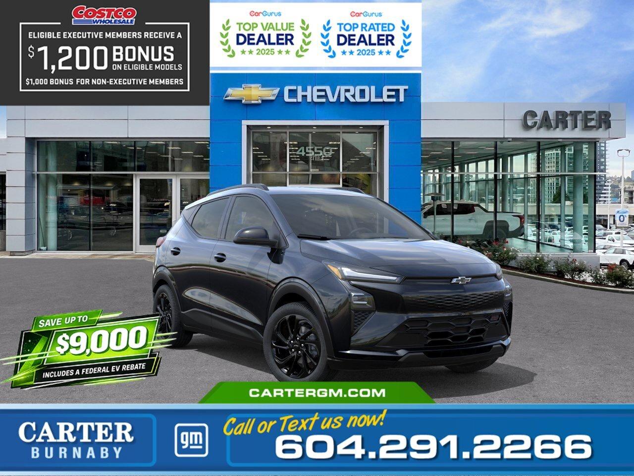 Drive Electric and Save Big! Get up to $9,000 in combined SAVINGS on your new EV through Manufacturer and Federal EVAP rebates! Upgrade to an EV today and maximize your savings with limited-time rebate funding. Eligibility: Final transaction price must not exceed $50,000 (before taxes and fees) and rebates subject to program availability and approval.  Plus, for a limited time, exclusive savings are back for Costco members! Receive a $1,200 Executive Member Bonus or a $1,000 Non-Executive Member Bonus on select models.  Drive the future with this 2027 Chevrolet Bolt RS FWD, a sporty all-electric hatchback designed for efficiency and everyday excitement. With an impressive 422 km driving range, its ready for both city commutes and weekend adventures. Enjoy comfort with an 8-way power driver seat and heated power-adjustable mirrors. Advanced safety features like Front Pedestrian and Bicyclist Braking, Reverse Automatic Braking, Rear Cross Traffic Braking, Blind Zone Steering Assist, Side Bicyclist Alert, and StabiliTrak stability control help keep you confident on every drive.  Come take it for a test drive today and experience all this stylish vehicle has to offer!  WHY CARTER GM BURNABY?  - An unrivalled vehicle purchasing experience! - Exceeding our loyal customers expectations since 1963 - 4.5 Google star rating with 2,300+ customer reviews) - CarGurus Top-Rated Dealer 2025 Award - CarGurus Top Value Dealer 2025 Award - Vehicle trades welcome! Best price guaranteed! - We provide upfront pricing, zero hidden fees, and 100% transparency - Fast approvals and 99% acceptance rates (no matter your current credit status!) - Multilingual staff (many languages spoken) - Comfortable non-pressured environment with in-store television, WIFI and a childrens play area! - In-store restaurant: fresh daily menu        Were here to help you drive the vehicle you want, the vehicle you deserve! QUESTIONS? GREAT! WEVE GOT ANSWERS! To speak with a friendly vehicle specialist - CALL NOW! The advertised price includes all standard dealer fees and any applicable manufacturer or dealer incentives. It does not include applicable taxes, licensing, insurance, or optional products or services. Dealer fees will be clearly broken out and itemized on the bill of sale, maximum total of fees $595.00. Prices are shown in Canadian dollars. While we make every effort to ensure accuracy, vehicle details, pricing, options, and availability are subject to change without notice. Please confirm all information with dealership sales management before purchase. Dealer Code: 81129
