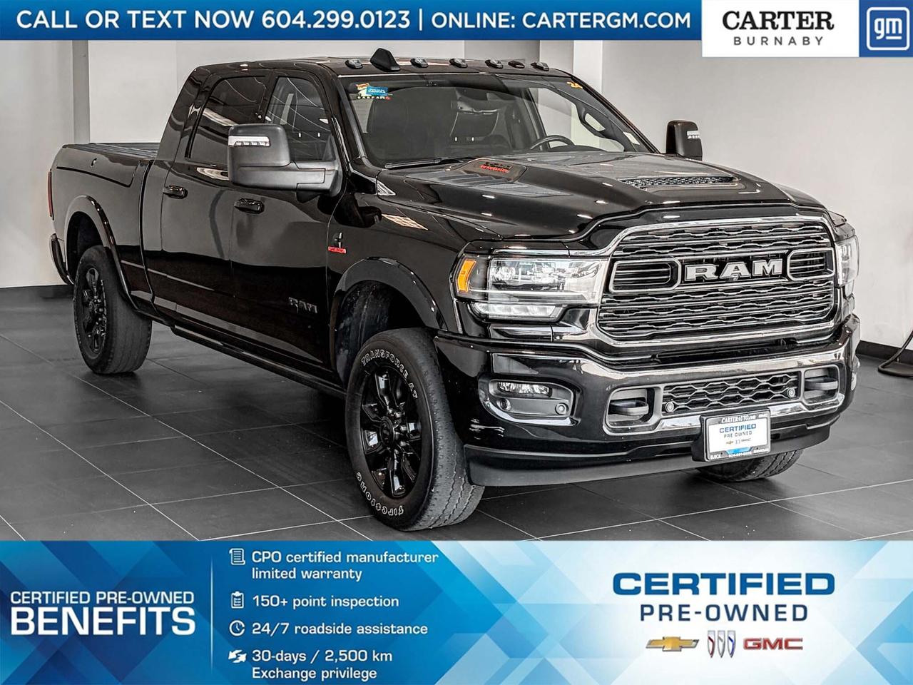 ONE OWNER
Built for serious capability and premium comfort, this 2024 Ram 3500 Limited 4WD delivers impressive power with its 6.7L Cummins Turbo Diesel engine. Enjoy luxury touches like heated leather seating, genuine wood and leather accents, memory power seats, navigation, a sunroof, and a heated leather steering wheel. Confidence comes standard with Blind Spot Detection, Cross Path Detection, ParkSense front and rear parking sensors, traction control, camera system, and power extendable trailer mirrors. Come take it for a test drive today and experience all this stylish vehicle has to offer!

WHY CARTER GM BURNABY?

- An unrivalled vehicle purchasing experience!
- Exceeding our loyal customers expectations since 1963
- 4.5 Google star rating (with 2,300+ customer reviews)
- Cargurus Top-rated Dealer 2025 Award
- Cargurus Top Value Dealer 2025 Award
- 30-day / 2,500 km exchange privilege
- Peace of mind - 150-point vehicle inspection
- CARFAX - full vehicle service history - purchase with confidence!
- Vehicle trades welcome! Best price guaranteed!
- We provide upfront pricing, zero hidden fees, and 100% transparency
- Fast approvals and 99% acceptance rates (no matter your current credit status!)
- Multilingual staff (many languages spoken)
- Comfortable non-pressured environment with in-store television, WIFI and a childrens play area!
- In-store restaurant: fresh daily menu





Were here to help you drive the vehicle you want, the vehicle you deserve!
QUESTIONS? GREAT! WEVE GOT ANSWERS!
To speak with a friendly vehicle specialist - CALL NOW!
The advertised price includes all standard dealer fees and any applicable manufacturer or dealer incentives. It does not include applicable taxes, licensing, insurance, or optional products or services. Dealer fees will be clearly broken out and itemized on the bill of sale, maximum total of fees $595.00. Prices are shown in Canadian dollars. While we make every effort to ensure accuracy, vehicle details, pricing, options, and availability are subject to change without notice. Please confirm all information with dealership sales management before purchase. Dealer Code: 81129