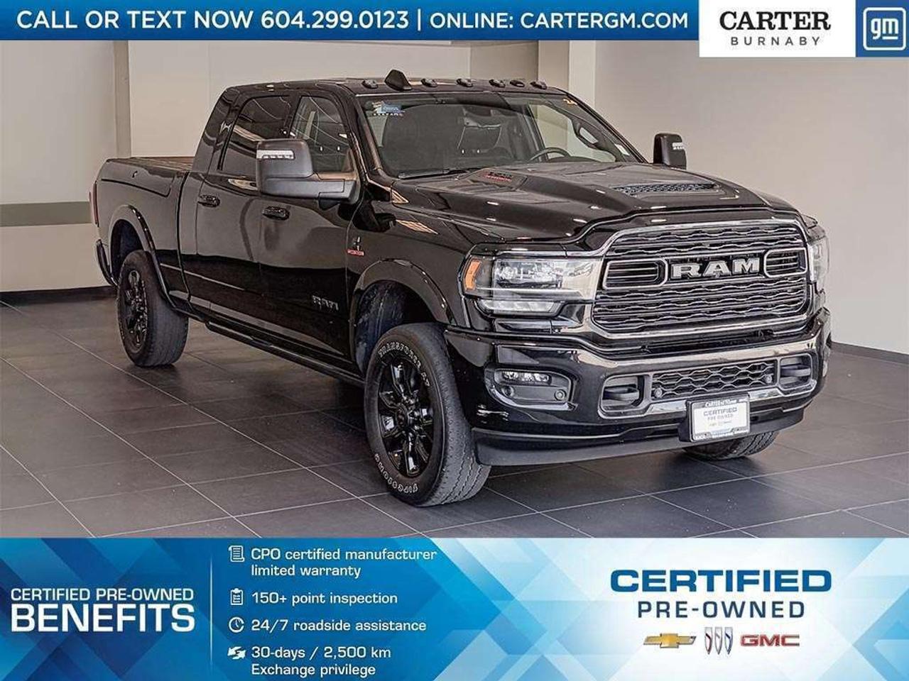 <b>ONE OWNER | UNIQUE FEATURE: ADAPTIVE CRUISE CONTROL</b>. Built for serious capability and premium comfort, this 2024 Ram 3500 Limited 4WD delivers impressive power with its 6.7L Cummins Turbo Diesel engine. Enjoy luxury touches like heated leather seating, genuine wood and leather accents, memory power seats, navigation, a sunroof, and a heated leather steering wheel. Confidence comes standard with Blind Spot Detection, Cross Path Detection, ParkSense front and rear parking sensors, traction control, camera system, and power extendable trailer mirrors. Come take it for a test drive today and experience all this stylish vehicle has to offer! <b>WHY CARTER GM BURNABY?</b> - An unrivalled vehicle purchasing experience! - Exceeding our loyal customers expectations since 1963 - 4.5 Google star rating (with 2,300+ customer reviews) - Cargurus Top-rated Dealer 2025 Award - Cargurus Top Value Dealer 2025 Award - 30-day / 2,500 km exchange privilege - Peace of mind - 150-point vehicle inspection - CARFAX - full vehicle service history - purchase with confidence! - Vehicle trades welcome! Best price guaranteed! - We provide upfront pricing, zero hidden fees, and 100% transparency - Fast approvals and 99% acceptance rates (no matter your current credit status!) - Multilingual staff (many languages spoken) - Comfortable non-pressured environment with in-store television, WIFI and a childrens play area! - In-store restaurant: fresh daily menu <p><img src=https://gmtadvantage-com.cdn-convertus.com/uploads/sites/16/2025/09/Carter-GM-Burnaby-Car-Gurus-Awards-2025.png alt="" width="300" height="77" /></p> Were here to help you drive the vehicle you want, the vehicle you deserve! <b>QUESTIONS? GREAT! WEVE GOT ANSWERS!</b> To speak with a friendly vehicle specialist - <b>CALL NOW!</b> <small>The advertised price includes all standard dealer fees and any applicable manufacturer or dealer incentives. It does not include applicable taxes, licensing, insurance, or optional products or services. Dealer fees will be clearly broken out and itemized on the bill of sale, maximum total of fees $595.00. Prices are shown in Canadian dollars. While we make every effort to ensure accuracy, vehicle details, pricing, options, and availability are subject to change without notice. Please confirm all information with dealership sales management before purchase. Dealer Code: 81129</small>