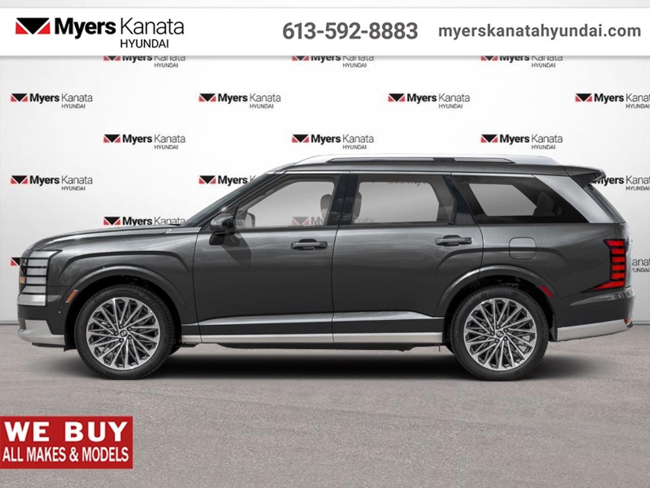 <b>Premium Audio,  360 Camera,  HUD,  Sunroof,  Navigation!</b><br> <br> With its impressive features list, awesome SUV capability, and luxury interior, this Palisade proves that good things take time.<br> <br>Big enough for your busy and active family, this Hyundai Palisade returns for 2026 , and is good as ever. With a features list that would fit in with the luxury SUV segment attached to a family friendly interior, this Palisade was made to take the SUV segment by storm. For the next classic SUV people are sure to talk about for years, look no further than this Hyundai Palisade.<br> <br>This Ecotronic Gry SUV has an Automatic transmission. <br> <br> Our Palisades trim level is Ultimate Calligraphy. This SUV is crafted as a sanctuary of modern luxury, with quilted Nappa leather seating, genuine wood trim, a suede headliner, and indulgent features like heated, ventilated, and even relaxation seats with leg rests. Technology enhances every journey, from the 12.3 navigation display with Bose premium audio to the dual sunroofs, wireless smartphone integration, and hands-free smart liftgate. Safety is uncompromising, with innovations such as forward collision avoidance with pedestrian and cyclist detection, blind-spot and rear cross-traffic assist, a full aerial-view camera system, remote automatic parking, driver monitoring and a suite of airbags, ensuring confidence and peace of mind in every drive. This vehicle has been upgraded with the following features: Premium Audio, 360 Camera, HUD, Sunroof, Navigation, Cooled Seats, Heated Seats.<br><br> <br>To apply right now for financing use this link: <a href=https://www.myerskanatahyundai.com/finance/ target=_blank>https://www.myerskanatahyundai.com/finance/</a><br> <br/>This vehicle may qualify for $500 Military Program Bonus. 5.99% financing for 96 months. <br> Buy this vehicle now for the lowest weekly payment of <b>$214.18</b> with $0 down for 96 months @ 5.99% APR O.A.C. ( Plus applicable taxes - $2596 and licensing fees **Rebates may not be applicable on all purchase types [cash, lease, or finance]. Eligibility and conditions may vary. Please see dealer for full details and confirmation of eligibility. ). Incentives expire 2026-08-31. See dealer for details. <br><br>This vehicle is located at Myers Kanata Hyundai 400-2500 Palladium Dr Kanata, Ontario. <br><br> Come by and check out our fleet of 40+ used cars and trucks and 170+ new cars and trucks for sale in Kanata.  o~o