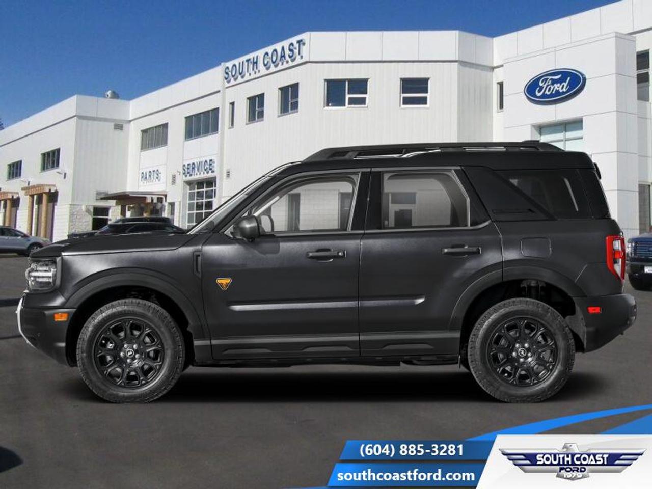 <b>360 Camera, Heated Steering Wheel, Remote Start, Fog Lamps, Heated Seats, Adaptive Cruise Control, Lane Keep Assist, Collision Mitigation</b><br> <br> The 2026 Ford Bronco Sport stands out with its confident presence, rugged design cues and ready-for-anything attitude.<br> <br>The 2026 Ford Bronco Sport combines rugged styling, modern tech and flexible utility to create a compact SUV that doesnt compromise on spirit. Inside, the cabin features quality materials, intuitive connectivity and thoughtful design to keep passengers comfortable and engaged. With its trail-ready attitude, confident presence and Fords heritage of capability, the Bronco Sport is built to carry your lifestyle forward.<br> <br>This Shadow Black SUV has a 8 Speed Automatic transmission and is powered by a 250HP 2.0L 4 Cylinder Engine. <br> <br> Our Bronco Sports trim level is Badlands. The cabin features leather-trimmed heated sport contour seats with power adjustments and memory settings, complemented by a heated leather steering wheel and dual-zone automatic climate control for all-season comfort. The SYNC 4 infotainment system with a 13.2-inch touchscreen, wireless Apple CarPlay and Android Auto, Alexa integration, and adaptive cruise control with stop-and-go ensures effortless connectivity and convenience. Versatile interior design, thoughtful storage solutions, and remote start functionality enhance everyday usability, while durable vinyl flooring and rubberized mats make it easy to clean after any adventure. On the outside, bold 17-inch matte black aluminum wheels, all-terrain tires, LED headlights, and dual tow hooks highlight its capability and confidence. The Terrain Management System offers seven G.O.A.T. modes, including rock crawl and rally, supported by a rear locking differential and electro-mechanical limited-slip technology for precise traction on any surface. Ford Co-Pilot360 safety features provide comprehensive protection with BLIS, Pre-Collision Assist with Automatic Emergency Braking, Evasion Assist, an Aerial View Camera System, and Reverse Brake Assist, ensuring complete confidence whether navigating city streets or tackling rugged trails.<br><br> View the original window sticker for this vehicle with this url <b><a href=http://www.windowsticker.forddirect.com/windowsticker.pdf?vin=3FMCR9DA3TRF02186 target=_blank>http://www.windowsticker.forddirect.com/windowsticker.pdf?vin=3FMCR9DA3TRF02186</a></b>.<br> <br>To apply right now for financing use this link: <a href=https://www.southcoastford.com/financing/ target=_blank>https://www.southcoastford.com/financing/</a><br> <br/>Total rebate of $4000 is reflected in the price. <br> Buy this vehicle now for the lowest bi-weekly payment of <b>$438.37</b> with $0 down for 84 months @ 7.99% APR O.A.C. ( taxes included, $695 Administration Fee included / Total Obligation of $73244 ). Incentives expire 2026-06-01. See dealer for details. <br><br>Call South Coast Ford Sales or come visit us in person. Were convenient to Sechelt, BC and located at 5606 Wharf Avenue. and look forward to helping you with your automotive needs. <br><br> Come by and check out our fleet of 20+ used cars and trucks and 100+ new cars and trucks for sale in Sechelt.  o~o