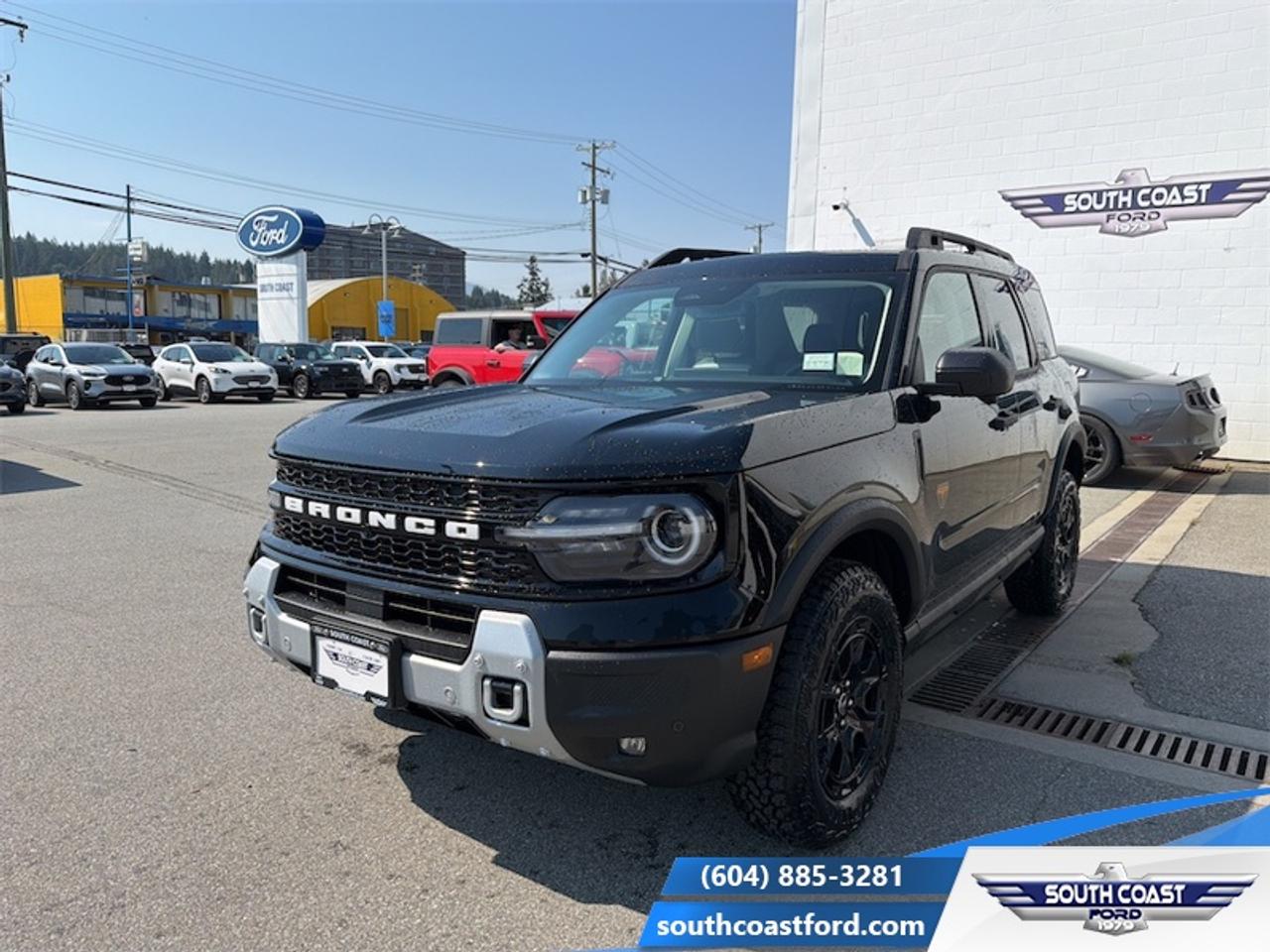 <b>Sunroof, Leather Seats, Badlands Tech Package!</b><br> <br> The 2026 Ford Bronco Sport features advanced driver-assist systems and intuitive technology to support your journey with confidence.<br> <br>The 2026 Ford Bronco Sport combines rugged styling, modern tech and flexible utility to create a compact SUV that doesnt compromise on spirit. Inside, the cabin features quality materials, intuitive connectivity and thoughtful design to keep passengers comfortable and engaged. With its trail-ready attitude, confident presence and Fords heritage of capability, the Bronco Sport is built to carry your lifestyle forward.<br> <br>This Shadow Black SUV has a 8 Speed Automatic transmission and is powered by a 250HP 2.0L 4 Cylinder Engine. <br> <br> Our Bronco Sports trim level is Badlands. The cabin features leather-trimmed heated sport contour seats with power adjustments and memory settings, complemented by a heated leather steering wheel and dual-zone automatic climate control for all-season comfort. The SYNC 4 infotainment system with a 13.2-inch touchscreen, wireless Apple CarPlay and Android Auto, Alexa integration, and adaptive cruise control with stop-and-go ensures effortless connectivity and convenience. Versatile interior design, thoughtful storage solutions, and remote start functionality enhance everyday usability, while durable vinyl flooring and rubberized mats make it easy to clean after any adventure. On the outside, bold 17-inch matte black aluminum wheels, all-terrain tires, LED headlights, and dual tow hooks highlight its capability and confidence. The Terrain Management System offers seven G.O.A.T. modes, including rock crawl and rally, supported by a rear locking differential and electro-mechanical limited-slip technology for precise traction on any surface. Ford Co-Pilot360 safety features provide comprehensive protection with BLIS, Pre-Collision Assist with Automatic Emergency Braking, Evasion Assist, an Aerial View Camera System, and Reverse Brake Assist, ensuring complete confidence whether navigating city streets or tackling rugged trails. This vehicle has been upgraded with the following features: Sunroof, Leather Seats, Badlands Tech Package.<br><br> View the original window sticker for this vehicle with this url <b><a href=http://www.windowsticker.forddirect.com/windowsticker.pdf?vin=3FMCR9DA3TRF02186 target=_blank>http://www.windowsticker.forddirect.com/windowsticker.pdf?vin=3FMCR9DA3TRF02186</a></b>.<br> <br>To apply right now for financing use this link: <a href=https://www.southcoastford.com/financing/ target=_blank>https://www.southcoastford.com/financing/</a><br> <br/>Total rebate of $4500 is reflected in the price. 5.49% financing for 84 months. <br> Buy this vehicle now for the lowest bi-weekly payment of <b>$400.59</b> with $0 down for 84 months @ 5.49% APR O.A.C. ( taxes included, $695 Administration Fee included / Total Obligation of $66427 ). Incentives expire 2026-08-31. See dealer for details. <br><br>Call South Coast Ford Sales or come visit us in person. Were convenient to Sechelt, BC and located at 5606 Wharf Avenue. and look forward to helping you with your automotive needs. <br><br> Come by and check out our fleet of 20+ used cars and trucks and 90+ new cars and trucks for sale in Sechelt.  o~o