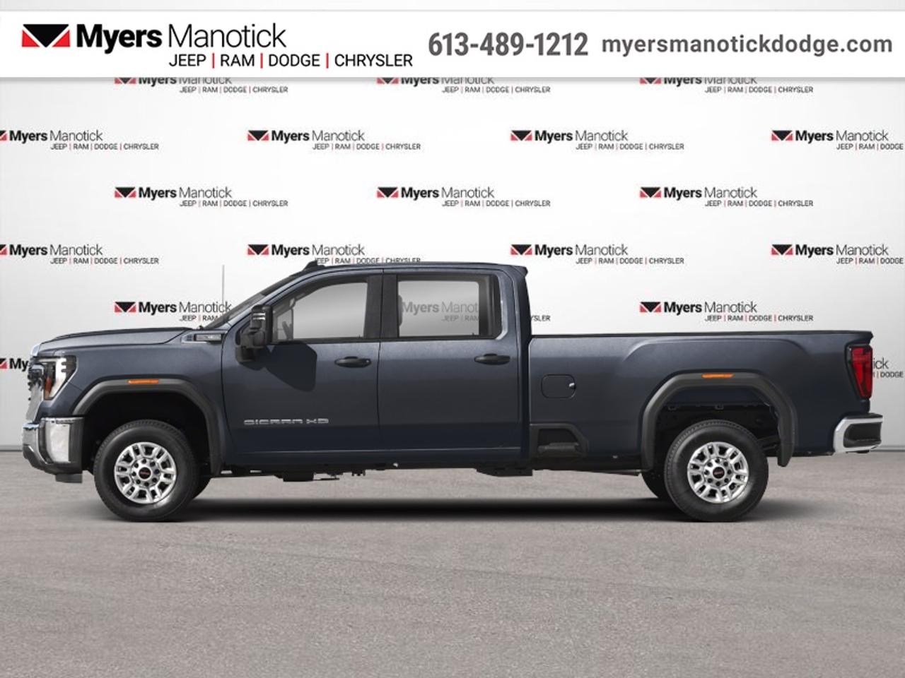 <b>Heated Seats,  Hitch Guidance,  Multi-Pro Tailgate,  Heated Steering Wheel,  Remote Start!</b><br> <br> With stout build quality and astounding towing capability, there isnt a better choice than this GMC 2500HD for all your work-site needs. This 2025 GMC Sierra 2500HD is fresh on our lot in Manotick.<br> <br>This 2025 GMC 2500HD is highly configurable work truck that can haul a colossal amount of weight thanks to its potent drivetrain. This truck also offers amazing interior features that nestle occupants in comfort and luxury, with a great selection of tech features. For heavy-duty activities and even long-haul trips, the 2500HD is all the truck youll ever need.<br> <br>This sought after diesel Crew Cab 4X4 pickup has 43,165 km. Its Titanium Rush Metallic in colour. It has an Automatic transmission and is powered by a 470HP 6.6L 8 Cylinder Engine. <br> <br> Our Sierra 2500HDs trim level is SLT. Stepping up to this Sierra 2500HD SLT is a great choice as it comes loaded with luxurious features such as heated leather seats, a heated steering wheel, power adjustable pedals with memory settings, a heavy-duty locking rear differential, signature LED lighting, a larger 13.4-inch touchscreen infotainment system with wireless Apple CarPlay, Android Auto and 4G LTE capability, stylish aluminum wheels, remote keyless entry and remote engine start, a CornerStep rear bumper and cargo tie downs hooks with LED box lighting. Additionally, this truck also comes with a useful rear vision camera, StabiliTrak, cruise control and a ProGrade trailering system with an integrated brake controller. This vehicle has been upgraded with the following features: Heated Seats, Hitch Guidance, Multi-Pro Tailgate, Heated Steering Wheel, Remote Start, Climate Control, Aluminum Wheels.<br> <br>To apply right now for financing use this link: <a href=https://CreditOnline.dealertrack.ca/Web/Default.aspx?Token=3206df1a-492e-4453-9f18-918b5245c510&Lang=en target=_blank>https://CreditOnline.dealertrack.ca/Web/Default.aspx?Token=3206df1a-492e-4453-9f18-918b5245c510&Lang=en</a><br> <br/><br>If youre looking for a Dodge, Ram, Jeep, and Chrysler dealership in Ottawa that always goes above and beyond for you, visit Myers Manotick Dodge today! Were more than just great cars. We provide the kind of world-class Dodge service experience near Kanata that will make you a Myers customer for life. And with fabulous perks like extended service hours, our 30-day tire price guarantee, the Myers No Charge Engine/Transmission for Life program, and complimentary shuttle service, its no wonder were a top choice for drivers everywhere. Get more with Myers! <br>*LIFETIME ENGINE TRANSMISSION WARRANTY NOT AVAILABLE ON VEHICLES WITH KMS EXCEEDING 140,000KM, VEHICLES 8 YEARS & OLDER, OR HIGHLINE BRAND VEHICLE(eg. BMW, INFINITI. CADILLAC, LEXUS...)<br> Come by and check out our fleet of 30+ used cars and trucks and 50+ new cars and trucks for sale in Manotick.  o~o