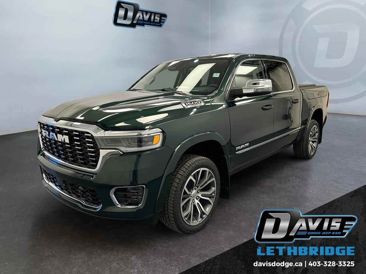<b>Sunroof, HUD, 360 Camera, Power Tailgate, Power Running Boards!</b><br /> <br /> Experience the perfect balance of power and luxury in the 2026 Ram 1500, built to handle every job with style.<br /> <br />The Ram 1500's unmatched luxury transcends traditional pickups without compromising its capability. Loaded with best-in-class features, it's easy to see why the Ram 1500 is so popular. With the most towing and hauling capability in a Ram 1500, as well as improved efficiency and exceptional capability, this truck has the grit to take on any task.<br /> <br />This Serrano Green Crew Cab 4X4 pickup has an Automatic transmission and is powered by a 540HP 3.0L Straight 6 Cylinder Engine. <br /> <br /> Our 1500's trim level is Tungsten. This trim rewards you with a panoramic sunroof, a driver head up display, a 360 aerial view camera system, and a sonorous 23-speaker Klipsch Reference Premiere audio system. Also standard include unique interior styling, a power tailgate, power running boards, power-adjustable pedals and auto-leveling suspension, ventilated and heated front and rear seats, massaging front seats, leather upholstery, a heated leather steering wheel, and an upgraded 14.4-inch infotainment screen powered by Uconnect 5W with inbuilt navigation, Apple CarPlay, Android Auto and 4G LTE Wi-Fi hotspot. Additional features include class IV towing equipment, a trailer wiring harness, front and rear parking sensors, blind spot detection, lane keeping assist with lane departure warning, remote start, adaptive cruise control, and even more! This vehicle has been upgraded with the following features: Sunroof, HUD, 360 Camera, Power Tailgate, Power Running Boards, Premium Audio, Massage Seats.<br /><br /> <br />To apply right now for financing use this link: <a href=https://lethbridge.davisdodge.ca/free-credit-check/ target=_blank rel=nofollow noopener noreferrer>https://lethbridge.davisdodge.ca/free-credit-check/</a><br /> <br /><br />As a premier Chrysler, Dodge, Jeep and RAM dealership, Davis Dodge proudly offers an extensive selection of new and used vehicles to meet every drivers needs. Customers across Lethbridge, Fort Macleod, Taber, Claresholm, Coaldale, and beyond trust us for daily vehicle specials, certified service and parts, and a seamless online inventory experience. <br /><br /> With competitive financing options and expert support, we make car buying easy and enjoyable. <br /><br /> Ready to hit the road? Schedule your test drive today at Davis Dodge, your trusted Chrysler, Dodge, Jeep and RAM dealer in Lethbridge, Alberta.<br /><br /> Vehicle pricing offer shown expires 2026-06-30. <br /> Come by and check out our fleet of 50+ used cars and trucks and 110+ new cars and trucks for sale in Lethbridge. o~o