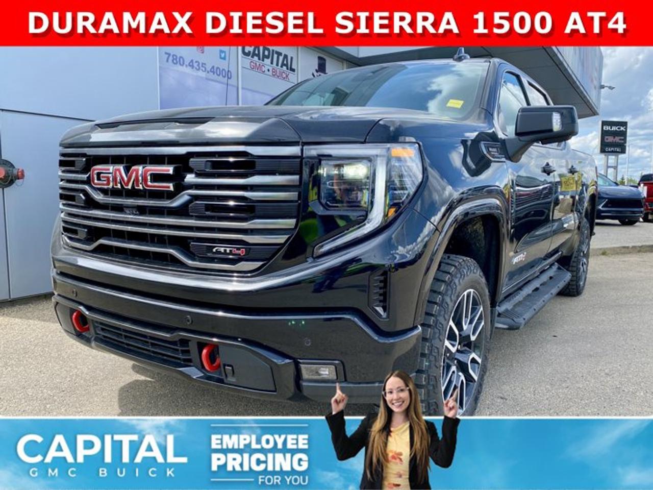 Dont miss out on this Sierra 1500 AT4 Diesel! Fully Equipped with the Premium Plus Package, Technology Package, Heated and Cooled Bucket Seats, Heated Rear Seats, Heated Steering, 360 CAM, 15 Heads-up Display, Rear Streaming Camera Mirror, Body Color Wheel Arch Moldings, Power Sunroof, Wireless Charger, Dual Exhaust, 2 Inch Factory Lift and so much more... This rare truck can be yours so CALL NOWAsk for the Internet Department for more information or book your test drive today! Text 587-400-9276 for fast answers at your fingertips!AMVIC Licensed Dealer - Licence Number B1044900