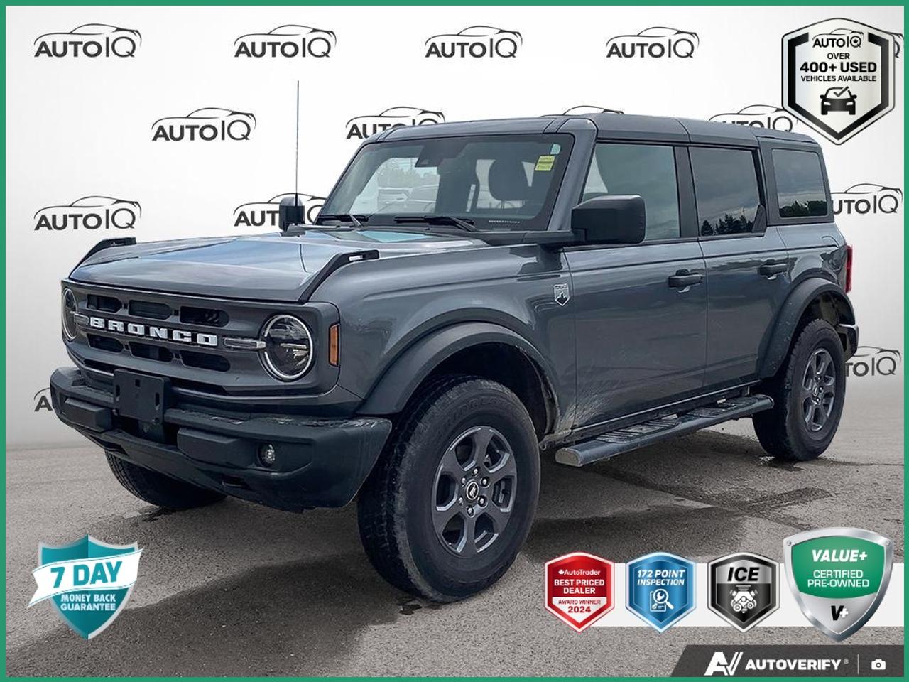 2-Door Intelligent Access w/Lock/Unlock, Ambient Footwell Lighting, Auto-Dimming Interior Rear-View Mirror, Carbonized Grey Moulded-In-Clr Hard Top w/o Headliner, Connected Navigation, Dr & Pass Illuminated Sliding Visor Vanity Mirrors, Dual Smart Charging USB Ports, Dual-Zone Electronic Automatic Temperature Control, Equipment Group 222A Mid Package, Front Row Heated Seats, Front Row Top Panels Storage Bag, Power Outlet - Back Side of Centre Floor Console, Rear Parking Sensors, Rear-Window Defroster & Washer.<br><br>Gray Metallic<br>2024 Ford Bronco Big Bend<br>4D Sport Utility 2.3L EcoBoost I-4 10-Speed Automatic 4WD<p> </p>

<h4>VALUE+ CERTIFIED PRE-OWNED VEHICLE</h4>

<p>
- 36-point Provincial Safety Inspection<br>
- 172-point inspection combined mechanical, aesthetic, functional inspection including a vehicle report card<br>
- Warranty: 30 Days or 1500 KMS on mechanical safety-related items and extended plans are available<br>
- Complimentary CARFAX Vehicle History Report<br>
- 2X Provincial safety standard for tire tread depth<br>
- 2X Provincial safety standard for brake pad thickness<br>
- 7 Day Money Back Guarantee*<br>
- Market Value Report provided<br>
- Complimentary 3 months SIRIUS XM satellite radio subscription on equipped vehicles<br>
- Complimentary wash and vacuum<br>
- Vehicle scanned for open recall notifications from manufacturer
</p>

<p>SPECIAL NOTE: This vehicle is reserved for AutoIQs retail customers only. Please, No dealer calls. Errors & omissions excepted.</p>

<p>*As-traded, specialty or high-performance vehicles are excluded from the 7-Day Money Back Guarantee Program (including, but not limited to Ford Shelby, Ford mustang GT, Ford Raptor, Chevrolet Corvette, Camaro 2SS, Camaro ZL1, V-Series Cadillac, Dodge/Jeep SRT, Hyundai N Line, all electric models)</p>