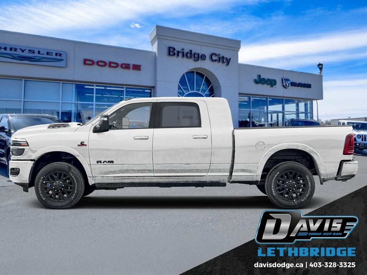 <b>Premium Audio, Wireless Charging, Navigation, Heated Seats, Blind Spot Detection!</b><br /> <br /> This ultra capable Heavy Duty Ram 3500 is a muscular workhorse ready for any job you put in front of it.<br /> <br />Endlessly capable, this 2026 Ram 3500 pulls out all the stops, and has the towing capacity that sets it apart from the competition. On top of its proven Ram toughness, this Ram 3500 has an ultra-quiet cabin full of amazing tech features that help make your workday more enjoyable. Whether you're in the commercial sector or looking for serious recreational towing rig, this impressive 3500 is ready for anything that you are.<br /> <br />This Bright White sought after diesel Mega Cab 4X4 pickup has an Automatic transmission and is powered by a Cummins 430HP 6.7L Straight 6 Cylinder Engine. <br /> <br /> Our 3500's trim level is Limited. This trim rewards you with a 17-speaker harman/kardon audio system, wireless charging for mobile devices, ventilated and heated front seats with lumbar support, heated rear seats, a heated steering wheel and remote engine start. Also standard include class V tow equipment with a hitch, brake controller and trailer sway control, heated power-adjustable and power-extendable trailer style mirrors, heavy duty suspension, 4G LTE mobile hotspot internet access, adaptive cruise control, and an upgraded 14.4-inch infotainment screen powered by Uconnect 5, with inbuilt navigation, Apple CarPlay and Android Auto. Safety features also include blind spot and cross path detection, ParkSense front and rear parking sensors, forward collision warning and front collision mitigation. This vehicle has been upgraded with the following features: Premium Audio, Wireless Charging, Navigation, Heated Seats, Blind Spot Detection, Remote Start, Heated Steering Wheel.<br /><br /> <br />To apply right now for financing use this link: <a href=https://lethbridge.davisdodge.ca/free-credit-check/ target=_blank rel=nofollow noopener noreferrer>https://lethbridge.davisdodge.ca/free-credit-check/</a><br /> <br /><br />As a premier Chrysler, Dodge, Jeep and RAM dealership, Davis Dodge proudly offers an extensive selection of new and used vehicles to meet every drivers needs. Customers across Lethbridge, Fort Macleod, Taber, Claresholm, Coaldale, and beyond trust us for daily vehicle specials, certified service and parts, and a seamless online inventory experience. <br /><br /> With competitive financing options and expert support, we make car buying easy and enjoyable. <br /><br /> Ready to hit the road? Schedule your test drive today at Davis Dodge, your trusted Chrysler, Dodge, Jeep and RAM dealer in Lethbridge, Alberta.<br /><br /> Vehicle pricing offer shown expires 2026-05-31. <br /> Come by and check out our fleet of 60+ used cars and trucks and 110+ new cars and trucks for sale in Lethbridge. o~o