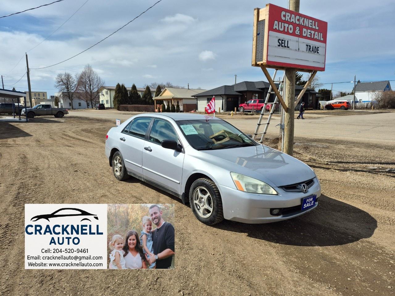 <p>2004 Honda Accord Auto - Clean Title/ Safetied</p><p><span style=color:rgb( 15 , 15 , 15 )>Located in Carberry, but capable of bringing to Brandon. Priced to Sell! Carfax Available.</span></p><ul><li><p>Alloy wheels</p></li><li><p>Cruise control</p></li><li><p>Power windows and locks</p></li><li><p>Keyless entry</p></li><li><p>Air conditioning</p></li><li><p>Excellent fuel efficiency  approx. 6.7L/100km highway</p></li><li><p>Safetied and ready to go, drives great</p></li></ul><p>Warranty Available /Trades Welcome /<span style=color:rgb( 15 , 15 , 15 )>delivery available.</span></p><p></p><p>Call/Text<u> 204-520-9461</u></p><p></p><p>Dealer #5905</p><p></p><p><strong>Vehicle available for dealer trading, perfect subprime car</strong></p><p></p><p>Treaty cards accepted - 7 Day insurances available meaning you can drive home the same day even if MPI is closed (good for weekends and after hours)</p>