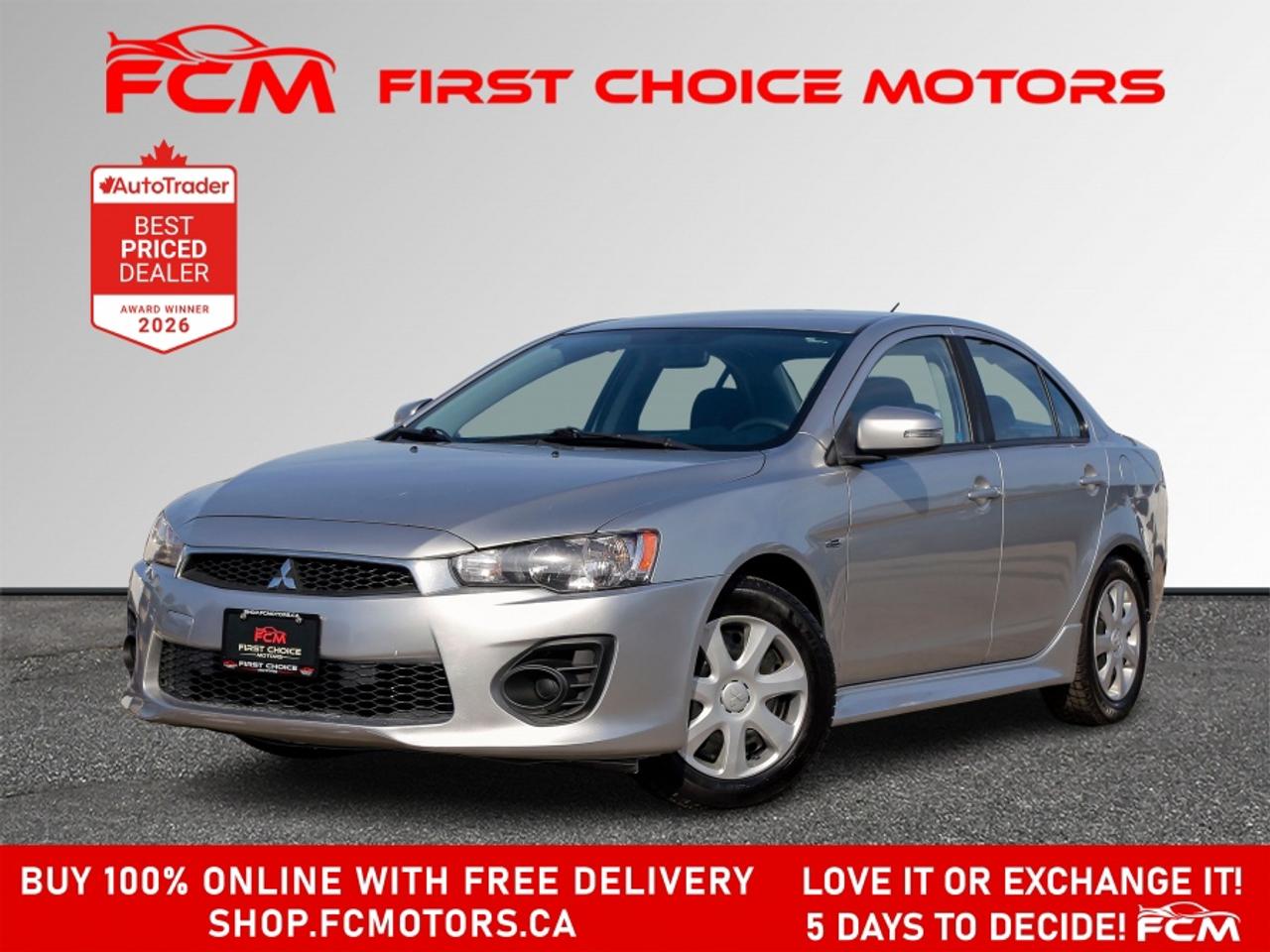 ** ** SPECIAL LIMITED TIME OFFER ** ** PURCHASE ANY VEHICLE THIS WEEK AND RECEIVE 4 BRAND-NEW ALL-SEASON TIRES AT NO ADDITIONAL COST!!! DON   T MISS THIS EXCLUSIVE CHANCE TO UPGRADE YOUR RIDE AND STAY PREPARED FOR ANY WEATHER!!! <br><br>EXCITING NEWS FROM FIRST CHOICE MOTORS! Our brand-new online showroom is now open to the public, bringing the ultimate car shopping experience right to your fingertips! Enjoy a 100% online car shopping experience, with over 500 certified vehicles in stock, comprehensive protection plans, and thousands of new auto parts & accessories available! Plus, for a limited time, were offering FREE deliveries across Ontario on all vehicle purchases! Dont miss out   visit Shop.fcmotors.ca to find and upgrade your perfect vehicle today!<br><br>Welcome to First Choice Motors, the largest car dealership in Toronto of pre-owned cars, SUVs, and vans priced between $5000-$15,000. With an impressive inventory of over 300 vehicles in stock, we are dedicated to providing our customers with a vast selection of affordable and reliable options. <br><br>Were thrilled to offer a used 2016 Mitsubishi Lancer ES, silver color with 204,000km (STK#9951) This vehicle was $8490 NOW ON SALE FOR $6990. It is equipped with the following features:<br>- Automatic Transmission<br>- Heated seats<br>- Bluetooth<br>- Power windows<br>- Power locks<br>- Power mirrors<br>- Air Conditioning<br><br>At First Choice Motors, we believe in providing quality vehicles that our customers can depend on. All our vehicles come with a 36-day guarantee on all safety related items. We also offer additional warranty options up to 5 years for our customers who want extra peace of mind.<br><br>Furthermore, all our vehicles are sold fully certified with brand new brakes rotors and pads, a fresh oil change, and brand new set of all-season tires installed & balanced. You can be confident that this car is in excellent condition and ready to hit the road.<br><br>At First Choice Motors, we believe that everyone deserves a chance to own a reliable and affordable vehicle. Thats why we offer financing options with low interest rates starting at 7.9% O.A.C. Were proud to approve all customers, including those with bad credit, no credit, students, and even 9 socials. Our finance team is dedicated to finding the best financing option for you and making the car buying process as smooth and stress-free as possible.<br><br>Our dealership is open 7 days a week to provide you with the best customer service possible. We carry the largest selection of used vehicles for sale under $9990 in all of Ontario. We stock over 300 cars, mostly Hyundai, Chevrolet, Mazda, Honda, Volkswagen, Toyota, Ford, Dodge, Kia, Mitsubishi, Acura, Lexus, and more. With our ongoing sale, you can find your dream car at a price you can afford. Come visit us today and experience why we are the best choice for your next used car purchase!<br><br>All prices include $22.00 OMVIC Fee.  Excludes, license plates, ownership registration and ONTARIO HST (13%)<br>*No Credit Card payments can be accepted for Vehicle Purchases*