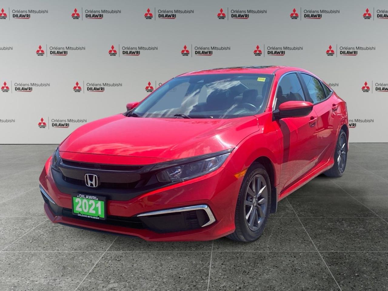Welcome to an exhilarating driving experience with the 2021 Honda Civic Sedan EX in a sophisticated color finish that complements its front-wheel-drive prowess and remarkable handling. This remarkable vehicle combines functionality and style to offer you an exceptional drive every time. Step into this sedan and youll immediately appreciate the refined touches such as the alloy wheels and a sunroof/moonroof that adds an open-air feel to your journeys. The exteriors flowing lines are mirrored inside with thoughtful details including a leather steering wheel and leather/metal-look gear shifter, ensuring a comfortable and stylish ride. The Civic Sedan EX is packed with modern technology tailored to enhance your journey. Enjoy seamless connectivity with features like smart device integration and a Bluetooth connection, all accessible through an intuitive interface. Safety is a top priority with advanced options including a backup camera, lane assist, and adaptive cruise control, designed to provide peace of mind on every trip. This vehicle is ideal for drivers seeking a blend of performance, style, and convenience. Whether commuting daily or embarking on a weekend adventure, the heated seats and remote start add extra comfort to your drive. Contact Orleans Mitsubishi today to learn more about this impressive Honda Civic Sedan EX CVT and schedule a test drive!
