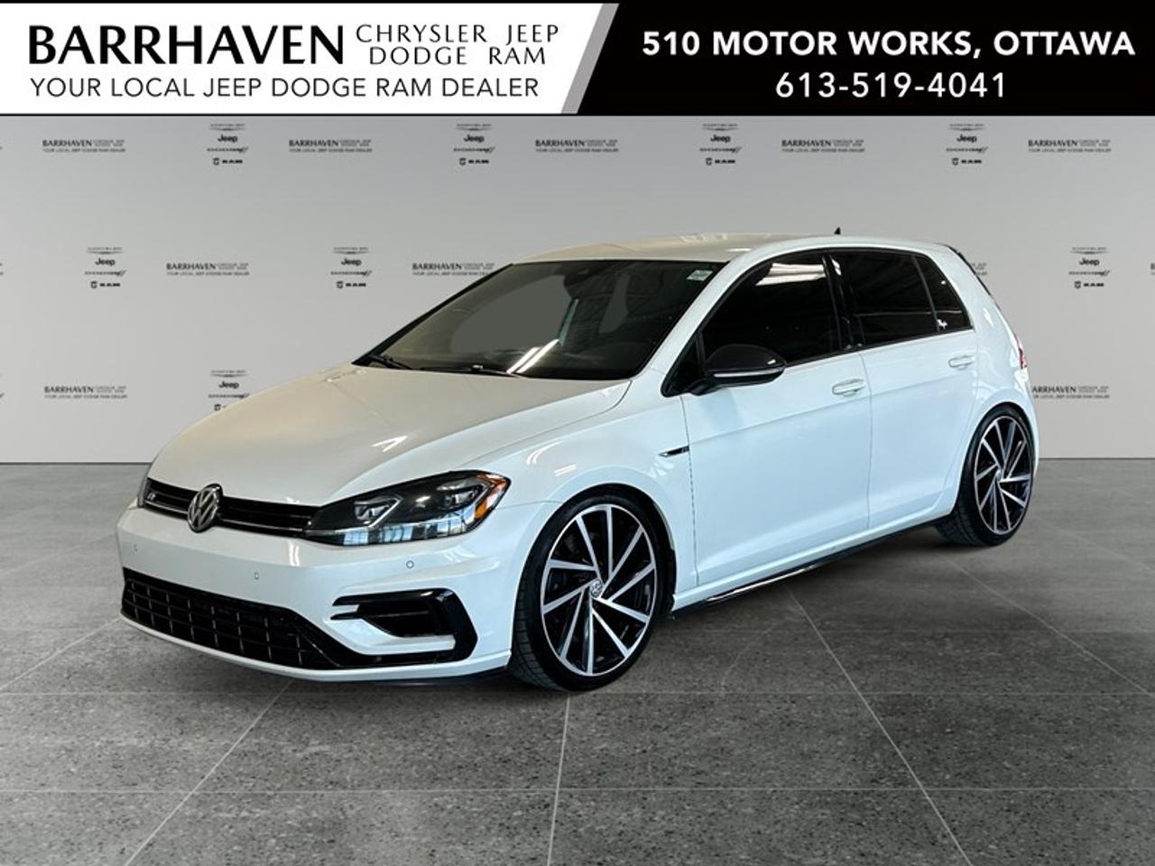 Experience driving exhilaration in the 2019 Volkswagen Golf R, a sophisticated blend of power and style ready to leave a lasting impression. This stunning hatchback, in a classic white exterior, boasts an all-wheel-drive system providing outstanding handling that connects you deeply with the road. Every angle of the Golf R is designed to captivate. Its sleek profile is complemented by striking alloy wheels, while heated mirrors are a thoughtful touch for those chilly Canadian mornings. Step inside to discover a world of comfort with leather seats enveloping you, a leather steering wheel, and leatherette door trim insert adding a premium feel. Youll appreciate the practicality of power seats and power windows, combined with the modern convenience of keyless entry. Technological innovation shines with features like the backup camera, lane assist, and advanced navigation system, ensuring each journey is both safe and fun. Connect effortlessly with the Bluetooth connection and enjoy your favorite tunes via satellite radio or smart device integration. Heated front seats and air conditioning provide year-round comfort, making it the perfect companion for every adventure. Ideal for enthusiasts who crave a dynamic driving experience along with luxury features, this Golf R Manual is a must-see. Contact Barrhaven Jeep Dodge Chrysler Ram today for more details and to arrange your personal viewing. Dont miss out on owning this exceptional vehicle.