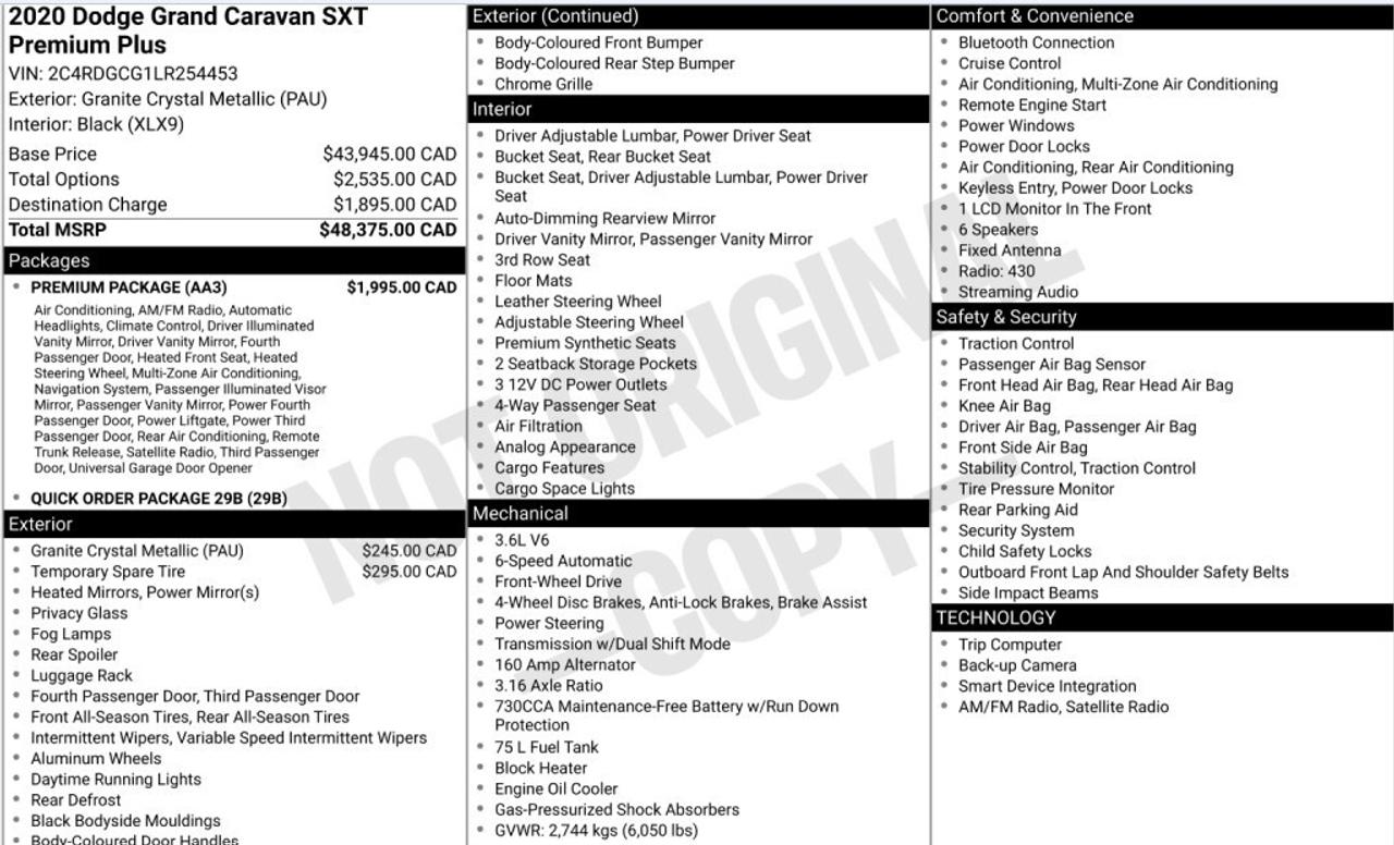 2020 Dodge Grand Caravan SXT Premium Plus   Power Doors   Power Liftgate Photo