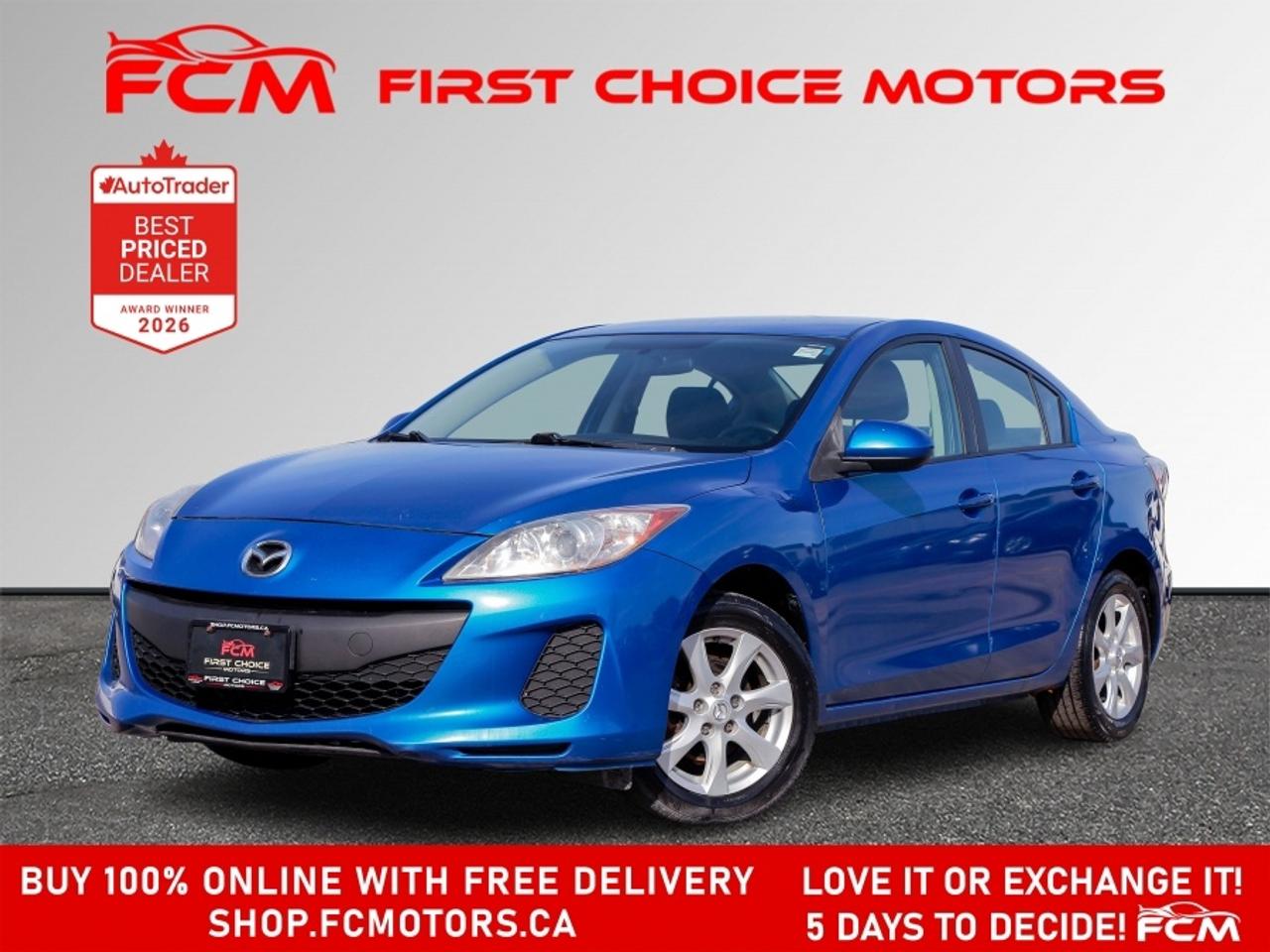 ** ** SPECIAL LIMITED TIME OFFER ** ** PURCHASE ANY VEHICLE THIS WEEK AND RECEIVE 4 BRAND-NEW ALL-SEASON TIRES AT NO ADDITIONAL COST!!! DONT MISS THIS EXCLUSIVE CHANCE TO UPGRADE YOUR RIDE AND STAY PREPARED FOR ANY WEATHER!!!       EXCITING NEWS FROM FIRST CHOICE MOTORS! Our brand-new online showroom is now open to the public, bringing the ultimate car shopping experience right to your fingertips! Enjoy a 100% online car shopping experience, with over 500 certified vehicles in stock, comprehensive protection plans, and thousands of new auto parts & accessories available! Plus, for a limited time, were offering FREE deliveries across Ontario on all vehicle purchases! Dont miss outvisit Shop.fcmotors.ca to find and upgrade your perfect vehicle today!      Welcome to First Choice Motors, the largest car dealership in Toronto of pre-owned cars, SUVs, and vans priced between $5000-$15,000. With an impressive inventory of over 300 vehicles in stock, we are dedicated to providing our customers with a vast selection of affordable and reliable options.       Were thrilled to offer a used 2013 Mazda MAZDA3 GX, blue color with 192,000km (STK#9935) This vehicle was $7990 NOW ON SALE FOR $6990. It is equipped with the following features:   - Automatic Transmission   - Bluetooth   - Alloy wheels   - Power windows   - Power locks   - Power mirrors   - Air Conditioning      At First Choice Motors, we believe in providing quality vehicles that our customers can depend on. All our vehicles come with a 36-day guarantee on all safety related items. We also offer additional warranty options up to 5 years for our customers who want extra peace of mind.      Furthermore, all our vehicles are sold fully certified with brand new brakes rotors and pads, a fresh oil change, and brand new set of all-season tires installed & balanced. You can be confident that this car is in excellent condition and ready to hit the road.      At First Choice Motors, we believe that everyone deserves a chance to own a reliable and affordable vehicle. Thats why we offer financing options with low interest rates starting at 7.9% O.A.C. Were proud to approve all customers, including those with bad credit, no credit, students, and even 9 socials. Our finance team is dedicated to finding the best financing option for you and making the car buying process as smooth and stress-free as possible.      Our dealership is open 7 days a week to provide you with the best customer service possible. We carry the largest selection of used vehicles for sale under $9990 in all of Ontario. We stock over 300 cars, mostly Hyundai, Chevrolet, Mazda, Honda, Volkswagen, Toyota, Ford, Dodge, Kia, Mitsubishi, Acura, Lexus, and more. With our ongoing sale, you can find your dream car at a price you can afford. Come visit us today and experience why we are the best choice for your next used car purchase!      All prices include $22.00 OMVIC Fee.  Excludes, license plates, ownership registration and ONTARIO HST (13%)   *No Credit Card payments can be accepted for Vehicle Purchases*    *No Credit Card payments can be accepted for Vehicle Purchases*