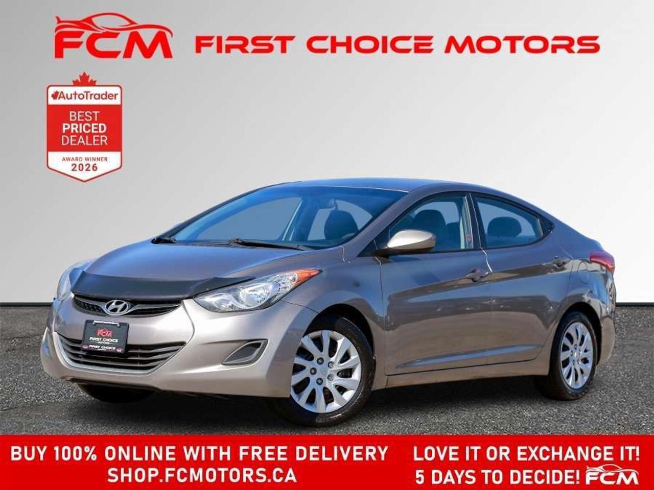 ** ** SPECIAL LIMITED TIME OFFER ** ** PURCHASE ANY VEHICLE THIS WEEK AND RECEIVE 4 BRAND-NEW ALL-SEASON TIRES AT NO ADDITIONAL COST!!! DONT MISS THIS EXCLUSIVE CHANCE TO UPGRADE YOUR RIDE AND STAY PREPARED FOR ANY WEATHER!!!       EXCITING NEWS FROM FIRST CHOICE MOTORS! Our brand-new online showroom is now open to the public, bringing the ultimate car shopping experience right to your fingertips! Enjoy a 100% online car shopping experience, with over 500 certified vehicles in stock, comprehensive protection plans, and thousands of new auto parts & accessories available! Plus, for a limited time, were offering FREE deliveries across Ontario on all vehicle purchases! Dont miss outvisit Shop.fcmotors.ca to find and upgrade your perfect vehicle today!      Welcome to First Choice Motors, the largest car dealership in Toronto of pre-owned cars, SUVs, and vans priced between $5000-$15,000. With an impressive inventory of over 300 vehicles in stock, we are dedicated to providing our customers with a vast selection of affordable and reliable options.       Were thrilled to offer a used 2012 Hyundai Elantra GL, brown color with 295,000km (STK#9929) This vehicle was $5490 NOW ON SALE FOR $4990. It is equipped with the following features:   - Automatic Transmission   - Heated seats   - Bluetooth   - Power windows   - Power locks   - Power mirrors   - Air Conditioning      At First Choice Motors, we believe in providing quality vehicles that our customers can depend on. All our vehicles come with a 36-day guarantee on all safety related items. We also offer additional warranty options up to 5 years for our customers who want extra peace of mind.      Furthermore, all our vehicles are sold fully certified with brand new brakes rotors and pads, a fresh oil change, and brand new set of all-season tires installed & balanced. You can be confident that this car is in excellent condition and ready to hit the road.      At First Choice Motors, we believe that everyone deserves a chance to own a reliable and affordable vehicle. Thats why we offer financing options with low interest rates starting at 7.9% O.A.C. Were proud to approve all customers, including those with bad credit, no credit, students, and even 9 socials. Our finance team is dedicated to finding the best financing option for you and making the car buying process as smooth and stress-free as possible.      Our dealership is open 7 days a week to provide you with the best customer service possible. We carry the largest selection of used vehicles for sale under $9990 in all of Ontario. We stock over 300 cars, mostly Hyundai, Chevrolet, Mazda, Honda, Volkswagen, Toyota, Ford, Dodge, Kia, Mitsubishi, Acura, Lexus, and more. With our ongoing sale, you can find your dream car at a price you can afford. Come visit us today and experience why we are the best choice for your next used car purchase!      All prices include $22.00 OMVIC Fee.  Excludes, license plates, ownership registration and ONTARIO HST (13%)   *No Credit Card payments can be accepted for Vehicle Purchases*    *No Credit Card payments can be accepted for Vehicle Purchases*