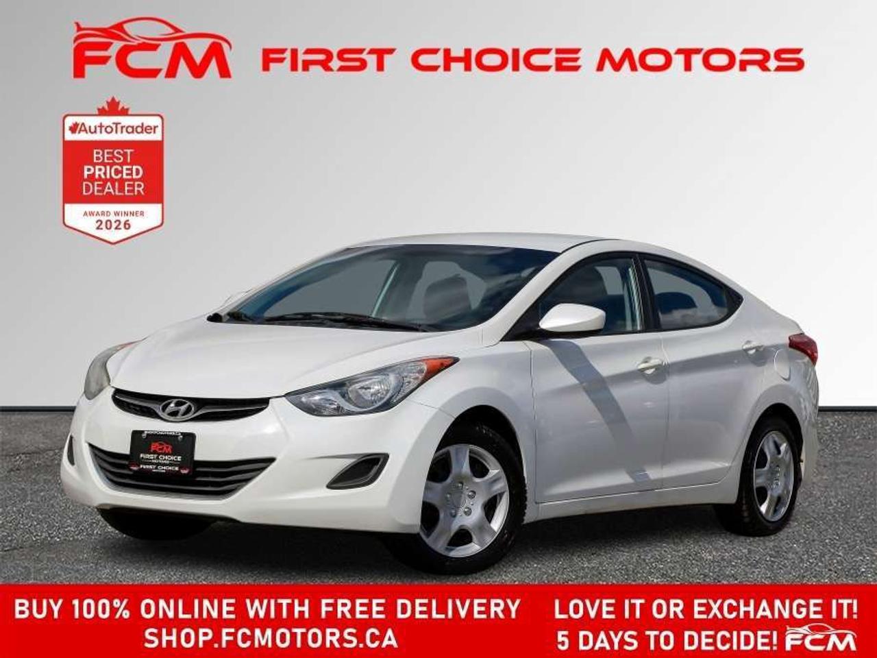 ** ** SPECIAL LIMITED TIME OFFER ** ** PURCHASE ANY VEHICLE THIS WEEK AND RECEIVE 4 BRAND-NEW ALL-SEASON TIRES AT NO ADDITIONAL COST!!! DONT MISS THIS EXCLUSIVE CHANCE TO UPGRADE YOUR RIDE AND STAY PREPARED FOR ANY WEATHER!!!       EXCITING NEWS FROM FIRST CHOICE MOTORS! Our brand-new online showroom is now open to the public, bringing the ultimate car shopping experience right to your fingertips! Enjoy a 100% online car shopping experience, with over 500 certified vehicles in stock, comprehensive protection plans, and thousands of new auto parts & accessories available! Plus, for a limited time, were offering FREE deliveries across Ontario on all vehicle purchases! Dont miss outvisit Shop.fcmotors.ca to find and upgrade your perfect vehicle today!      Welcome to First Choice Motors, the largest car dealership in Toronto of pre-owned cars, SUVs, and vans priced between $5000-$15,000. With an impressive inventory of over 300 vehicles in stock, we are dedicated to providing our customers with a vast selection of affordable and reliable options.       Were thrilled to offer a used 2013 Hyundai Elantra GL, white color with 301,000km (STK#9928) This vehicle was $5490 NOW ON SALE FOR $4990. It is equipped with the following features:   - Automatic Transmission   - Heated seats   - Bluetooth   - Alloy wheels   - Power windows   - Power locks   - Power mirrors   - Air Conditioning      At First Choice Motors, we believe in providing quality vehicles that our customers can depend on. All our vehicles come with a 36-day guarantee on all safety related items. We also offer additional warranty options up to 5 years for our customers who want extra peace of mind.      Furthermore, all our vehicles are sold fully certified with brand new brakes rotors and pads, a fresh oil change, and brand new set of all-season tires installed & balanced. You can be confident that this car is in excellent condition and ready to hit the road.      At First Choice Motors, we believe that everyone deserves a chance to own a reliable and affordable vehicle. Thats why we offer financing options with low interest rates starting at 7.9% O.A.C. Were proud to approve all customers, including those with bad credit, no credit, students, and even 9 socials. Our finance team is dedicated to finding the best financing option for you and making the car buying process as smooth and stress-free as possible.      Our dealership is open 7 days a week to provide you with the best customer service possible. We carry the largest selection of used vehicles for sale under $9990 in all of Ontario. We stock over 300 cars, mostly Hyundai, Chevrolet, Mazda, Honda, Volkswagen, Toyota, Ford, Dodge, Kia, Mitsubishi, Acura, Lexus, and more. With our ongoing sale, you can find your dream car at a price you can afford. Come visit us today and experience why we are the best choice for your next used car purchase!      All prices include $22.00 OMVIC Fee.  Excludes, license plates, ownership registration and ONTARIO HST (13%)   *No Credit Card payments can be accepted for Vehicle Purchases*    *No Credit Card payments can be accepted for Vehicle Purchases*