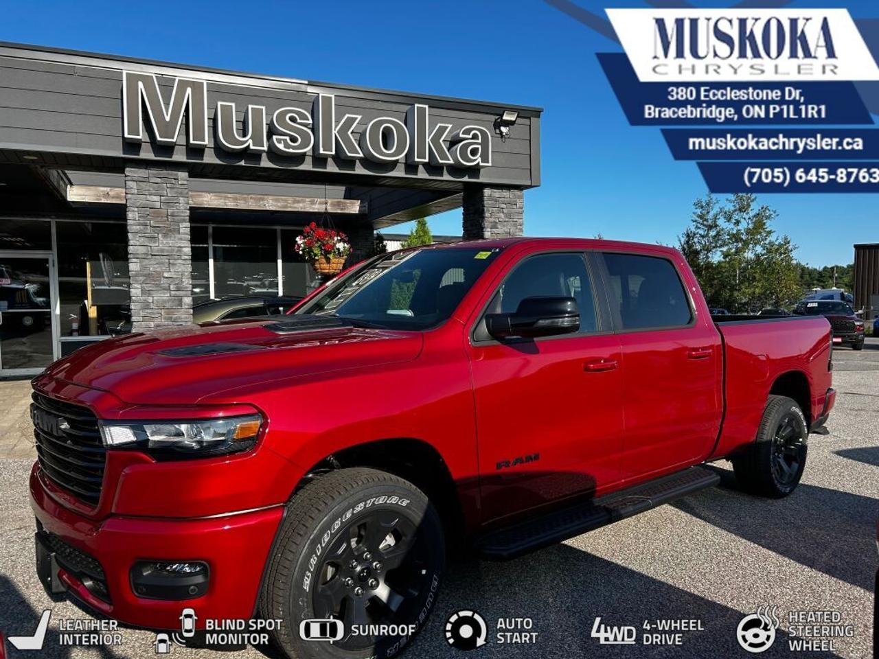 This RAM 1500 SPORT, with a 3.0L I-6 twin turbo engine engine, features a 8-speed automatic transmission, and generates 9.9 highway/13.2 city L/100km. Find this vehicle with only 26 kilometers!  RAM 1500 SPORT Options: This RAM 1500 SPORT offers a multitude of options. Technology options include: Disassociated Touchscreen Display, GPS Antenna Input, GPS Navigation, Voice Recorder, 2 LCD Monitors In The Front.  Safety options include Airbag Occupancy Sensor, Curtain 1st And 2nd Row Airbags, Driver Monitoring-Alert, Dual Stage Driver And Passenger Front Airbags, Dual Stage Driver And Passenger Seat-Mounted Side Airbags.  Visit Us: Find this RAM 1500 SPORT at Muskoka Chrysler today. We are conveniently located at 380 Ecclestone Dr Bracebridge ON P1L1R1. Muskoka Chrysler has been serving our local community for over 40 years. We take pride in giving back to the community while providing the best customer service. We appreciate each and opportunity we have to serve you, not as a customer but as a friend