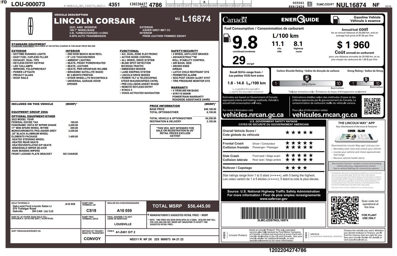 2022 Lincoln Corsair Reserve 200A|ELEMENTS PK|MONOCHROME PK|1 OWNER|NO ACCIDENT Photo