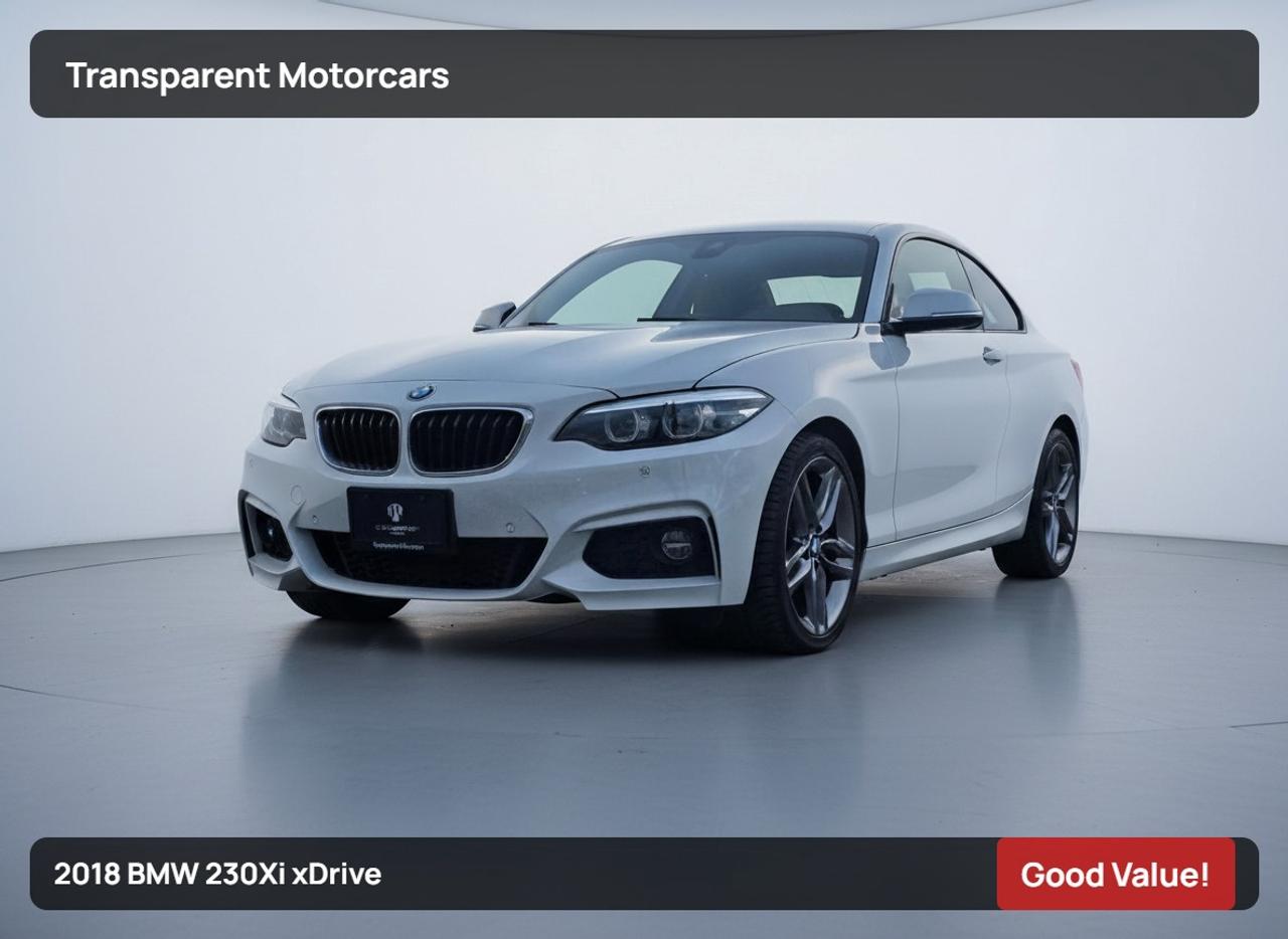 Transparent Motorcars is pleased to offer this beautiful 2018 BMW 230Xi xDrive With 64,745kms. It Features 248 Horsepower 2.0L Turbo Engine Paired With 8-Speed Shiftable Automatic Transmission Layered With All-Wheel-Drive System, PREMIUM PACKAGE ENHANCED, Glass Sunroof, Auto Dimming Mirror Interior, Lumbar Support, Comfort Access, Universal Remote Control, Electric Seats With Driver Memory, BMW On-Board Navigation, Auto Dimming Exterior Mirrors, Through Loading System, Instrument Cluster, Park Distance Control, Heated Steering Wheel, SIRIUS, BMW ConnectedDrive Services Professional, Smartphone Connectivity Package, Apple Carplay, Bluetooth Connection, MP3 Player, Wifi Hotspot And Much More! <br/> <br/> <br/> Stock# G000291B Dealer # 50276 <br/> <br/> <br/> $995 Documentation Fee <br/> <br/> <br/> 3 Month Warranty Will Be Provided <br/> <br/> <br/> This vehicle has undergone a comprehensive 110-point inspection at our state-of-the-art service facility, covering: Powertrain, Suspension, Tire Tread Depth ,Brake Condition ,All Electrical Components <br/> <br/> <br/> *Each vehicle comes with a limited warranty for your peace of mind. <br/> <br/> <br/> *Free, full CARFAX Vehicle History Report available upon request. <br/> <br/> <br/> *We are a 5-star rated Google dealership, trusted by our customers. <br/> <br/> <br/> *Thousands of satisfied customers  we invite you to join our automotive family! <br/> <br/> <br/> *Complimentary pick-up service from the airport, ferry terminal, or SkyTrain station is available. <br/> <br/> <br/> *For details on our refund and buyback policy, please contact our team directly. <br/> <br/> <br/> At our dealership, we pride ourselves on building lasting relationships with our customers. Were not just a one-time dealer  we are committed to being your trusted partner for all your vehicle needs, now and in the future. From your initial purchase to ongoing service, we aim to exceed expectations every step of the way. <br/>