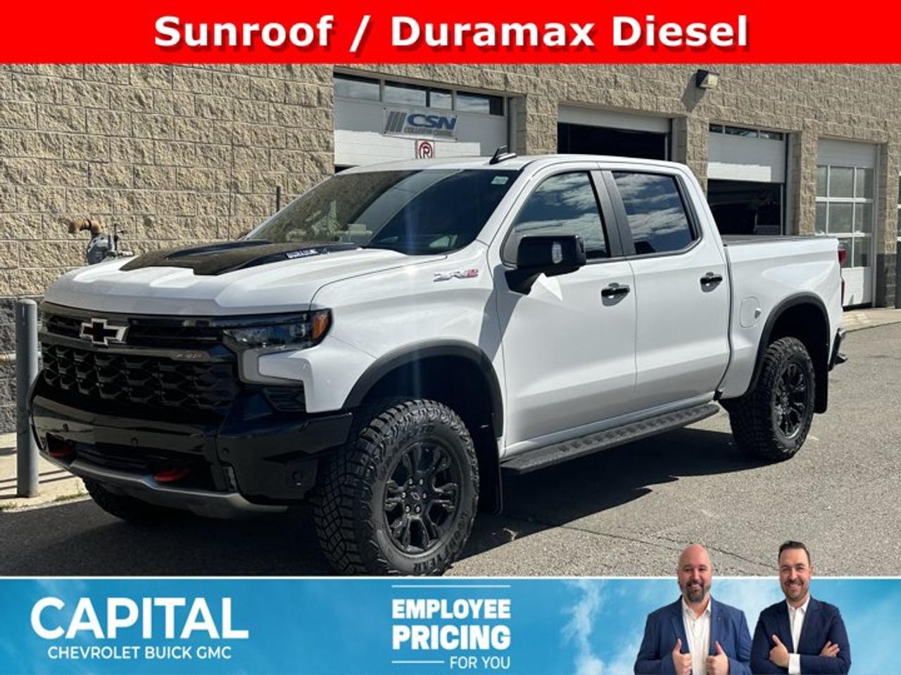 Accessories Include: Gatorback Flaps, Hard Folding Tonneau CoverThis Chevrolet Silverado 1500 boasts a Turbocharged Diesel I6 3.0L/ engine powering this Automatic transmission. ENGINE, DURAMAX 3.0L TURBO-DIESEL I6 (305 hp [227 kW] @ 3750 rpm, 495 lb-ft of torque [671 Nm] @ 2750 rpm) (Includes (KW5) 220-amp alternator and (K05) engine block heater.) (STD), ZR2 Suspension Package High-Performance lifted suspension with Multimatic DSSV dampers, Wireless phone projection for Apple CarPlay and Android Auto.*This Chevrolet Silverado 1500 Features the Following Options *Wipers, front rain-sensing, Windows, power rear, express down, Window, power, rear sliding with rear defogger, Window, power front, passenger express up/down, Window, power front, drivers express up/down, Wi-Fi Hotspot capable (Terms and limitations apply. See onstar.ca or dealer for details.), Wheels, 18 x 8.5 (45.7 cm x 21.6 cm) aluminum machined face with Black Painted spokes and Oxide Gold painted outer ring accents, Wheelhouse liners, rear, Wheel, 18 aluminum spare, USB ports, rear, dual, charge-only.*Visit Us Today *Stop by Capital Chevrolet Buick GMC Inc. located at 13103 Lake Fraser Drive SE, Calgary, AB T2J 3H5 for a quick visit and a great vehicle!