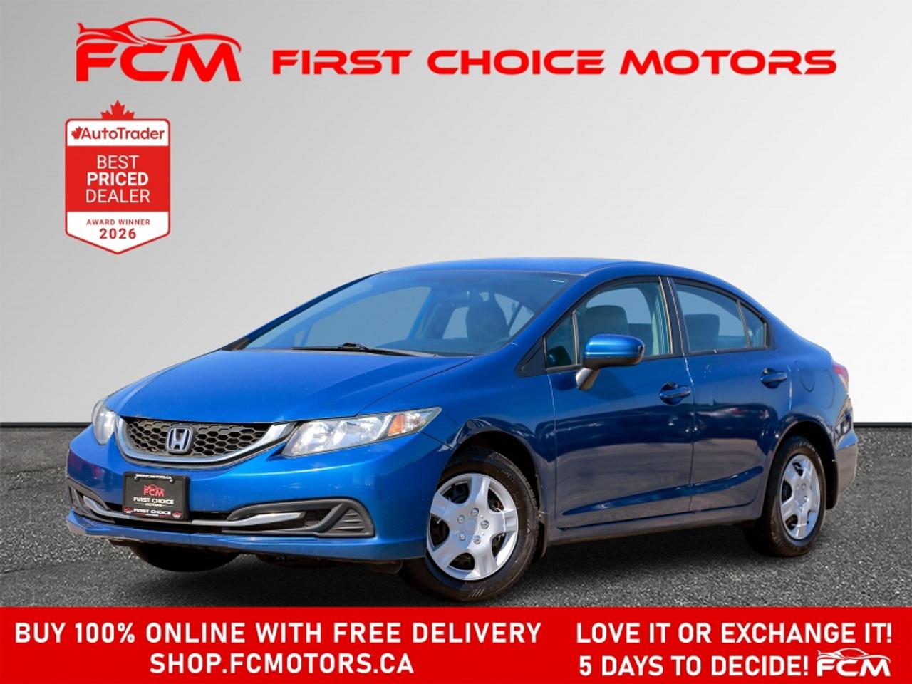 ** ** SPECIAL LIMITED TIME OFFER ** ** PURCHASE ANY VEHICLE THIS WEEK AND RECEIVE 4 BRAND-NEW ALL-SEASON TIRES AT NO ADDITIONAL COST!!! DON   T MISS THIS EXCLUSIVE CHANCE TO UPGRADE YOUR RIDE AND STAY PREPARED FOR ANY WEATHER!!! <br><br>EXCITING NEWS FROM FIRST CHOICE MOTORS! Our brand-new online showroom is now open to the public, bringing the ultimate car shopping experience right to your fingertips! Enjoy a 100% online car shopping experience, with over 500 certified vehicles in stock, comprehensive protection plans, and thousands of new auto parts & accessories available! Plus, for a limited time, were offering FREE deliveries across Ontario on all vehicle purchases! Dont miss out   visit Shop.fcmotors.ca to find and upgrade your perfect vehicle today!<br><br>Welcome to First Choice Motors, the largest car dealership in Toronto of pre-owned cars, SUVs, and vans priced between $5000-$15,000. With an impressive inventory of over 300 vehicles in stock, we are dedicated to providing our customers with a vast selection of affordable and reliable options. <br><br>Were thrilled to offer a used 2014 Honda Civic LX, blue color with 197,000km (STK#9967) This vehicle was $10990 NOW ON SALE FOR $9990. It is equipped with the following features:<br>- Automatic Transmission<br>- Heated seats<br>- Bluetooth<br>- Power windows<br>- Power locks<br>- Power mirrors<br>- Air Conditioning<br><br>At First Choice Motors, we believe in providing quality vehicles that our customers can depend on. All our vehicles come with a 36-day guarantee on all safety related items. We also offer additional warranty options up to 5 years for our customers who want extra peace of mind.<br><br>Furthermore, all our vehicles are sold fully certified with brand new brakes rotors and pads, a fresh oil change, and brand new set of all-season tires installed & balanced. You can be confident that this car is in excellent condition and ready to hit the road.<br><br>At First Choice Motors, we believe that everyone deserves a chance to own a reliable and affordable vehicle. Thats why we offer financing options with low interest rates starting at 7.9% O.A.C. Were proud to approve all customers, including those with bad credit, no credit, students, and even 9 socials. Our finance team is dedicated to finding the best financing option for you and making the car buying process as smooth and stress-free as possible.<br><br>Our dealership is open 7 days a week to provide you with the best customer service possible. We carry the largest selection of used vehicles for sale under $9990 in all of Ontario. We stock over 300 cars, mostly Hyundai, Chevrolet, Mazda, Honda, Volkswagen, Toyota, Ford, Dodge, Kia, Mitsubishi, Acura, Lexus, and more. With our ongoing sale, you can find your dream car at a price you can afford. Come visit us today and experience why we are the best choice for your next used car purchase!<br><br>All prices include $22.00 OMVIC Fee.  Excludes, license plates, ownership registration and ONTARIO HST (13%)<br>*No Credit Card payments can be accepted for Vehicle Purchases*