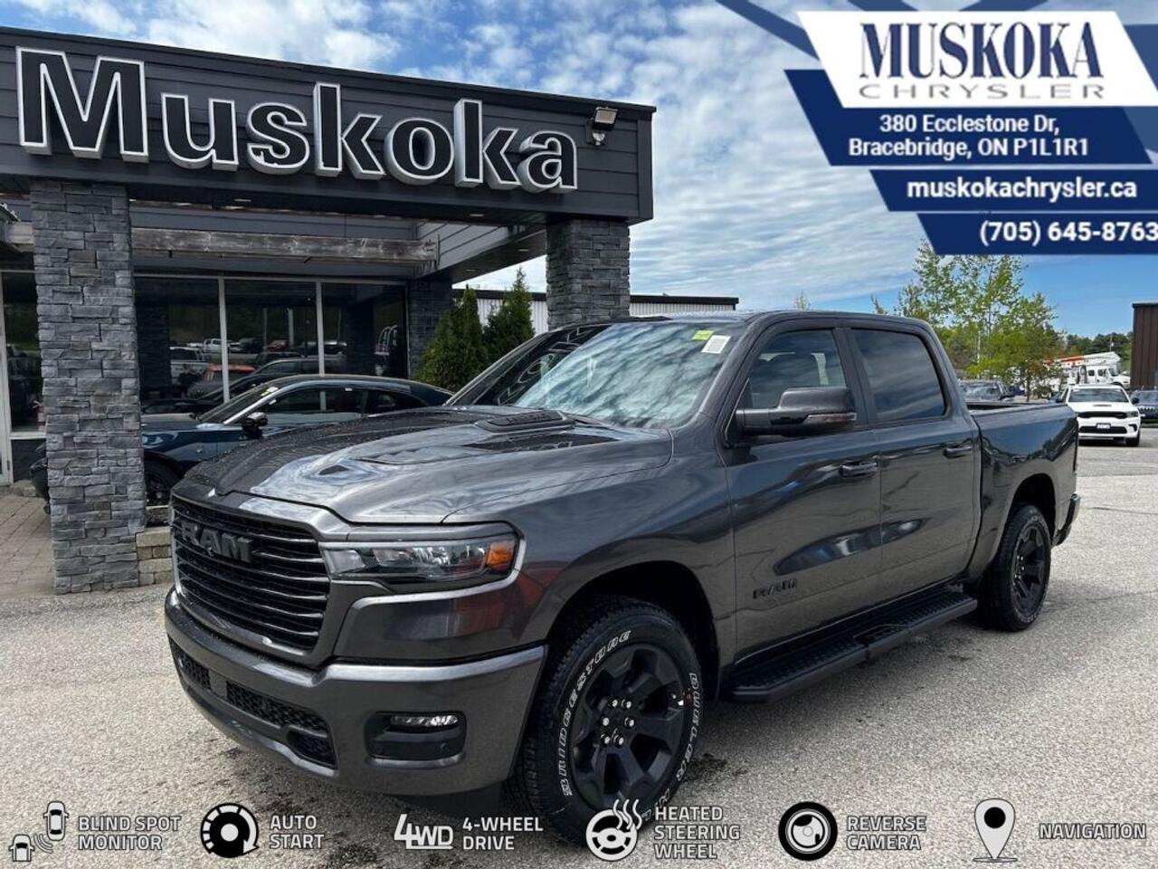 This RAM 1500 SPORT, with a 3.0L I-6 twin turbo engine engine, features a 8-speed automatic transmission, and generates 9.9 highway/13.2 city L/100km. Find this vehicle with only 0 kilometers!  RAM 1500 SPORT Options: This RAM 1500 SPORT offers a multitude of options. Technology options include: Disassociated Touchscreen Display, GPS Antenna Input, GPS Navigation, Voice Recorder, 2 LCD Monitors In The Front.  Safety options include Airbag Occupancy Sensor, Curtain 1st And 2nd Row Airbags, Driver Monitoring-Alert, Dual Stage Driver And Passenger Front Airbags, Dual Stage Driver And Passenger Seat-Mounted Side Airbags.  Visit Us: Find this RAM 1500 SPORT at Muskoka Chrysler today. We are conveniently located at 380 Ecclestone Dr Bracebridge ON P1L1R1. Muskoka Chrysler has been serving our local community for over 40 years. We take pride in giving back to the community while providing the best customer service. We appreciate each and opportunity we have to serve you, not as a customer but as a friend