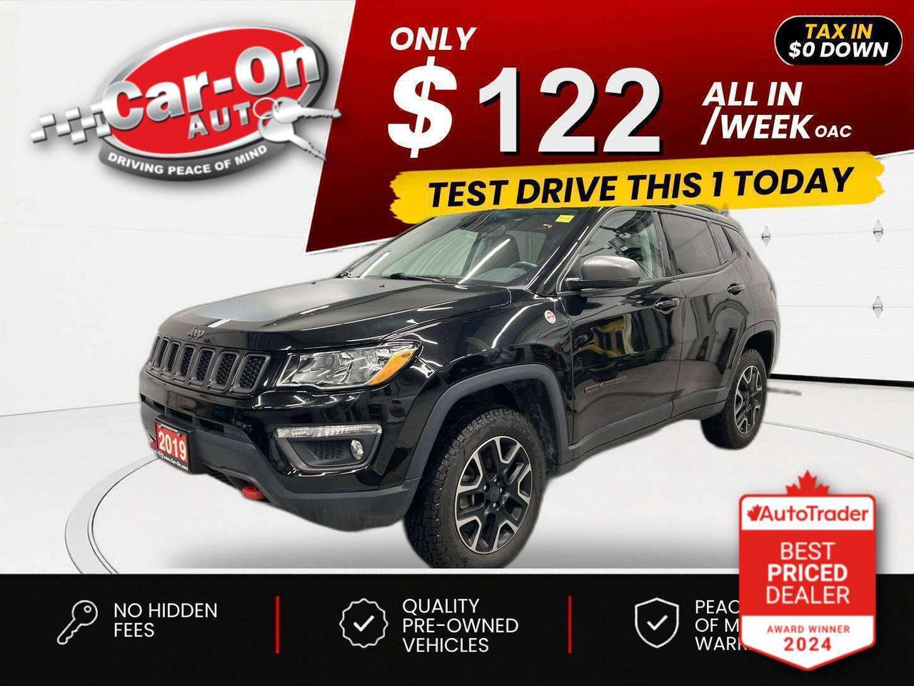 $0 DOWN $122/WEEK ALL IN INCLUDING ONTARIO TAXES O.A.C* ONLY 15,000KMS!! TRAILHAWK 4X4 W/ Leather-trimmed seats, heated seats & steering, remote start, 8.4-inch touchscreen display w/ Android Auto/ Apple CarPlay, backup camera, 17-inch alloys, dual-zone climate control, automatic headlights, keyless entry, tow package, rain-sensing wipers, power mirrors, power windows, power locks, leather-wrapped steering, cruise control, Bluetooth and Sirius XM!!!