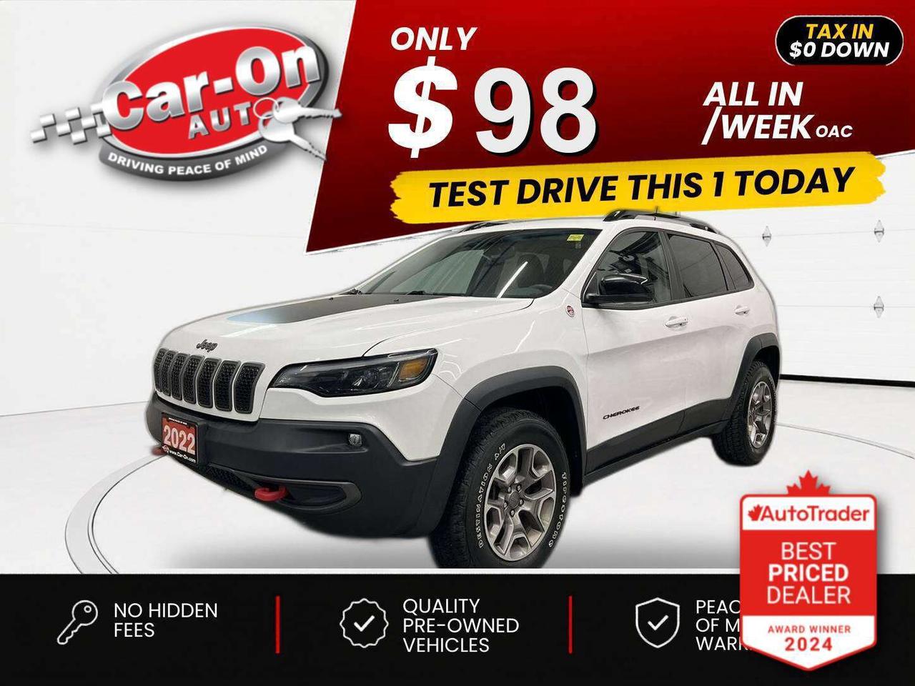 $0 DOWN $98/WEEK ALL IN INCLUDING ONTARIO TAXES O.A.C* TRAILHAWK 4X4 271HP 3.2L V6 w/ Heated leather seat & steering, remote start, blind spot monitor, rear cross-traffic alert, backup camera w/ rear park sensors, 17-inch alloys, 8.4-inch touchscreen w/ Android Auto/ Apple CarPlay, dual-zone climate control, automatic headlights, keyless entry w/ push start, rain-sensing wipers,  power liftgate, power seat, power locks, power windows, power mirrors, auto-dimming rearview mirror, garage door opener, cruise control, Bluetooth and Sirius XM!!*This car was used as a previous daily rental*