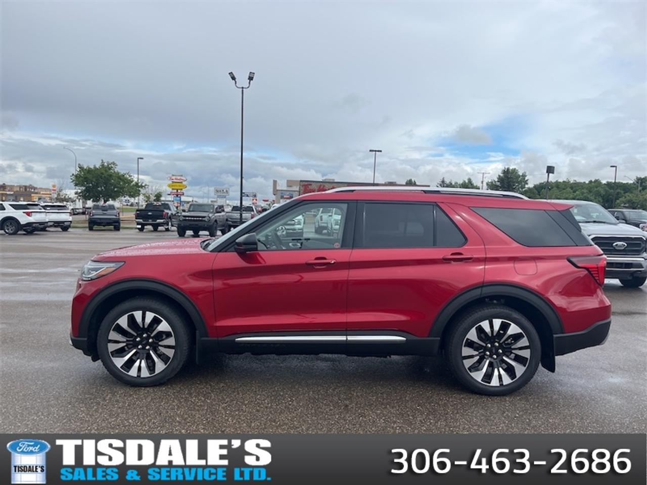 <b>Leather Package!</b><br> <br> Check out the large selection of new Fords at Tisdales today!<br> <br>Treat your family to refined luxury and comfort in this capable 2026 Ford Explorer.<br> <br>This Ford Explorer is the ultimate lifestyle vehicle with plenty of style and space for all of your passengers and cargo. It has the hauling capabilities of a midsize SUV combined with strong off-road capabilities. Whether your next family adventure is to the grocery store or over a high mountain pass, the Ford Explorer was built to get you there with ease.<br> <br>This Rapid Red Metallic Tinted Clearcoat SUV has an Automatic transmission and is powered by a 300HP 2.3L 4 Cylinder Engine. <br> <br> Our Explorers trim level is Platinum. This Explorer Platinum rewards you with a dual-panel sunroof and cooled front seats, as well as BlueCruise 1.2, inbuilt navigation, Bang & Olufsen audio, an aerial view camera system and a heated steering wheel. Also standard include 20 aluminum wheels, FordPass Connect 5G mobile hotspot internet access, adaptive cruise control, smart device remote engine start, and a power liftgate for rear cargo access. On the inside, occupants are treated to leather upholstery, voice-activated dual-zone climate control, and a 13.2-inch infotainment screen with wireless Apple CarPlay and Android Auto. Safety features also include lane keep assist with lane departure warning, collision mitigation, automatic emergency braking, evasion assist, and rear parking sensors. This vehicle has been upgraded with the following features: Leather Package.<br><br> View the original window sticker for this vehicle with this url <b><a href=http://www.windowsticker.forddirect.com/windowsticker.pdf?vin=1FMUK8HH9TGB85189 target=_blank>http://www.windowsticker.forddirect.com/windowsticker.pdf?vin=1FMUK8HH9TGB85189</a></b>.<br> <br>To apply right now for financing use this link: <a href=http://www.tisdales.com/shopping-tools/apply-for-credit.html target=_blank>http://www.tisdales.com/shopping-tools/apply-for-credit.html</a><br> <br/>Total rebate of $1000 is reflected in the price. Incentives expire 2026-07-31. See dealer for details. <br><br>Tisdales is not your standard dealership. Sales consultants are available to discuss what vehicle would best suit the customer and their lifestyle, and if a certain vehicle isnt readily available on the lot, one will be brought in. o~o