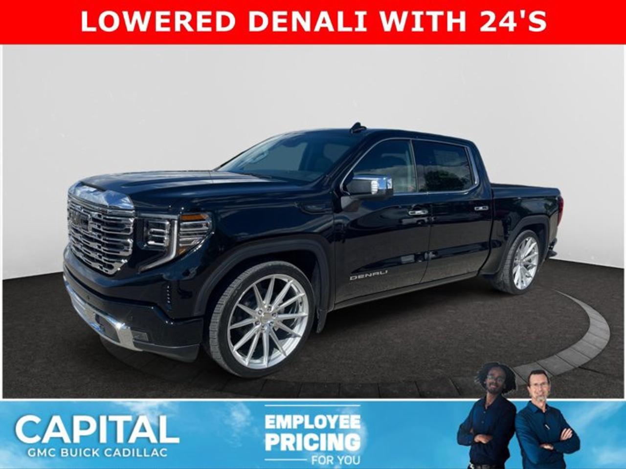 *This one of a kind 2026 Capital Custom lowered GMC Sierra Denali 1500 4wd in Onyx Black is customized with accessories including lowering kit, 24 inch wheels, black out emblems, puddle light kit, and exhaust. (factory wheels & tires are included)*Check out this vehicles pictures, features, options and specs, and let us know if you have any questions. Helping find the perfect vehicle FOR YOU is our only priority.P.S...Sometimes texting is easier. Text (or call) 306-801-9090 for fast answers at your fingertips!Dealer License #914248Disclaimer: All prices are plus taxes & fees. See dealer for Details. Dealer Permit # 914248 See dealer for Details.