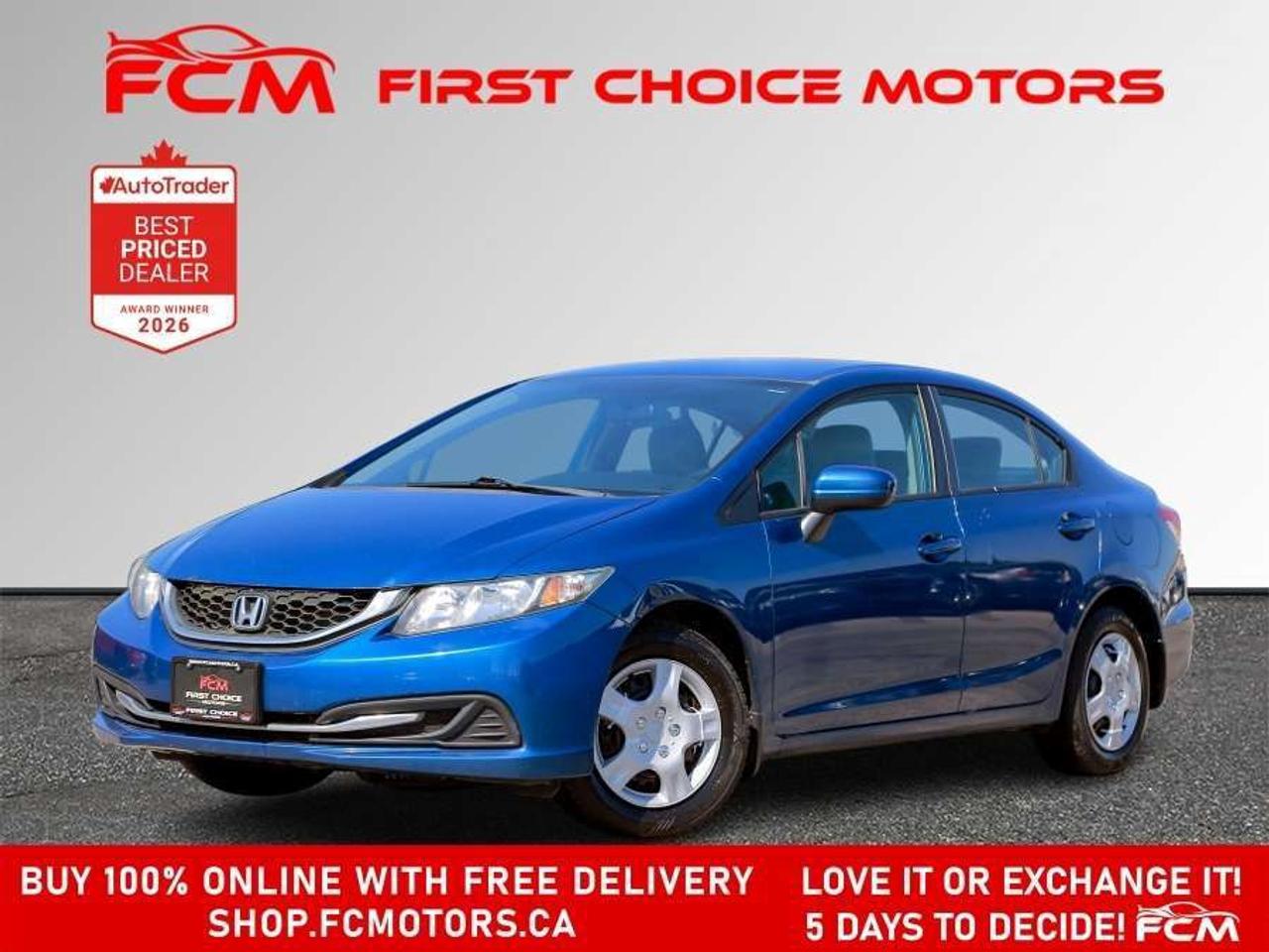 ** ** SPECIAL LIMITED TIME OFFER ** ** PURCHASE ANY VEHICLE THIS WEEK AND RECEIVE 4 BRAND-NEW ALL-SEASON TIRES AT NO ADDITIONAL COST!!! DONT MISS THIS EXCLUSIVE CHANCE TO UPGRADE YOUR RIDE AND STAY PREPARED FOR ANY WEATHER!!!       EXCITING NEWS FROM FIRST CHOICE MOTORS! Our brand-new online showroom is now open to the public, bringing the ultimate car shopping experience right to your fingertips! Enjoy a 100% online car shopping experience, with over 500 certified vehicles in stock, comprehensive protection plans, and thousands of new auto parts & accessories available! Plus, for a limited time, were offering FREE deliveries across Ontario on all vehicle purchases! Dont miss outvisit Shop.fcmotors.ca to find and upgrade your perfect vehicle today!      Welcome to First Choice Motors, the largest car dealership in Toronto of pre-owned cars, SUVs, and vans priced between $5000-$15,000. With an impressive inventory of over 300 vehicles in stock, we are dedicated to providing our customers with a vast selection of affordable and reliable options.       Were thrilled to offer a used 2014 Honda Civic LX, blue color with 197,000km (STK#9967) This vehicle was $10990 NOW ON SALE FOR $9990. It is equipped with the following features:   - Automatic Transmission   - Heated seats   - Bluetooth   - Power windows   - Power locks   - Power mirrors   - Air Conditioning      At First Choice Motors, we believe in providing quality vehicles that our customers can depend on. All our vehicles come with a 36-day guarantee on all safety related items. We also offer additional warranty options up to 5 years for our customers who want extra peace of mind.      Furthermore, all our vehicles are sold fully certified with brand new brakes rotors and pads, a fresh oil change, and brand new set of all-season tires installed & balanced. You can be confident that this car is in excellent condition and ready to hit the road.      At First Choice Motors, we believe that everyone deserves a chance to own a reliable and affordable vehicle. Thats why we offer financing options with low interest rates starting at 7.9% O.A.C. Were proud to approve all customers, including those with bad credit, no credit, students, and even 9 socials. Our finance team is dedicated to finding the best financing option for you and making the car buying process as smooth and stress-free as possible.      Our dealership is open 7 days a week to provide you with the best customer service possible. We carry the largest selection of used vehicles for sale under $9990 in all of Ontario. We stock over 300 cars, mostly Hyundai, Chevrolet, Mazda, Honda, Volkswagen, Toyota, Ford, Dodge, Kia, Mitsubishi, Acura, Lexus, and more. With our ongoing sale, you can find your dream car at a price you can afford. Come visit us today and experience why we are the best choice for your next used car purchase!      All prices include $22.00 OMVIC Fee.  Excludes, license plates, ownership registration and ONTARIO HST (13%)   *No Credit Card payments can be accepted for Vehicle Purchases*    *No Credit Card payments can be accepted for Vehicle Purchases*