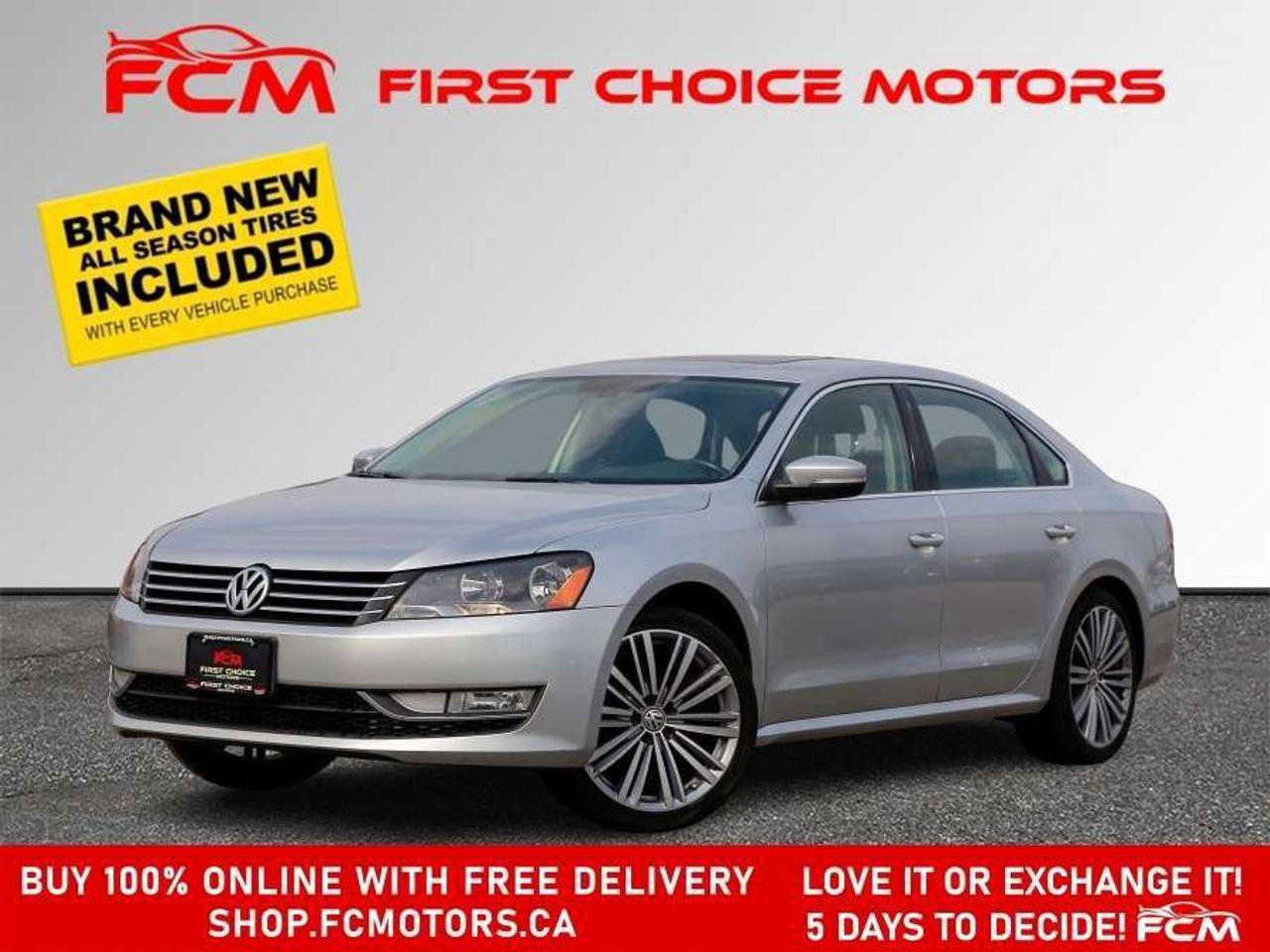 ** ** SPECIAL LIMITED TIME OFFER ** ** PURCHASE ANY VEHICLE THIS WEEK AND RECEIVE 4 BRAND-NEW ALL-SEASON TIRES AT NO ADDITIONAL COST!!! DONT MISS THIS EXCLUSIVE CHANCE TO UPGRADE YOUR RIDE AND STAY PREPARED FOR ANY WEATHER!!!       EXCITING NEWS FROM FIRST CHOICE MOTORS! Our brand-new online showroom is now open to the public, bringing the ultimate car shopping experience right to your fingertips! Enjoy a 100% online car shopping experience, with over 500 certified vehicles in stock, comprehensive protection plans, and thousands of new auto parts & accessories available! Plus, for a limited time, were offering FREE deliveries across Ontario on all vehicle purchases! Dont miss outvisit Shop.fcmotors.ca to find and upgrade your perfect vehicle today!      Welcome to First Choice Motors, the largest car dealership in Toronto of pre-owned cars, SUVs, and vans priced between $5000-$15,000. With an impressive inventory of over 300 vehicles in stock, we are dedicated to providing our customers with a vast selection of affordable and reliable options.       Were thrilled to offer a used 2015 Volkswagen Passat TSI, silver color with 160,000km (STK#9945) This vehicle was $10990 NOW ON SALE FOR $9990. It is equipped with the following features:   - Automatic Transmission   - Leather Seats   - Sunroof   - Heated seats   - Navigation   - Bluetooth   - Reverse camera   - Alloy wheels   - Power windows   - Power locks   - Power mirrors   - Air Conditioning      At First Choice Motors, we believe in providing quality vehicles that our customers can depend on. All our vehicles come with a 36-day guarantee on all safety related items. We also offer additional warranty options up to 5 years for our customers who want extra peace of mind.      Furthermore, all our vehicles are sold fully certified with brand new brakes rotors and pads, a fresh oil change, and brand new set of all-season tires installed & balanced. You can be confident that this car is in excellent condition and ready to hit the road.      At First Choice Motors, we believe that everyone deserves a chance to own a reliable and affordable vehicle. Thats why we offer financing options with low interest rates starting at 7.9% O.A.C. Were proud to approve all customers, including those with bad credit, no credit, students, and even 9 socials. Our finance team is dedicated to finding the best financing option for you and making the car buying process as smooth and stress-free as possible.      Our dealership is open 7 days a week to provide you with the best customer service possible. We carry the largest selection of used vehicles for sale under $9990 in all of Ontario. We stock over 300 cars, mostly Hyundai, Chevrolet, Mazda, Honda, Volkswagen, Toyota, Ford, Dodge, Kia, Mitsubishi, Acura, Lexus, and more. With our ongoing sale, you can find your dream car at a price you can afford. Come visit us today and experience why we are the best choice for your next used car purchase!      All prices include $22.00 OMVIC Fee.  Excludes, license plates, ownership registration and ONTARIO HST (13%)   *No Credit Card payments can be accepted for Vehicle Purchases*    *No Credit Card payments can be accepted for Vehicle Purchases*
