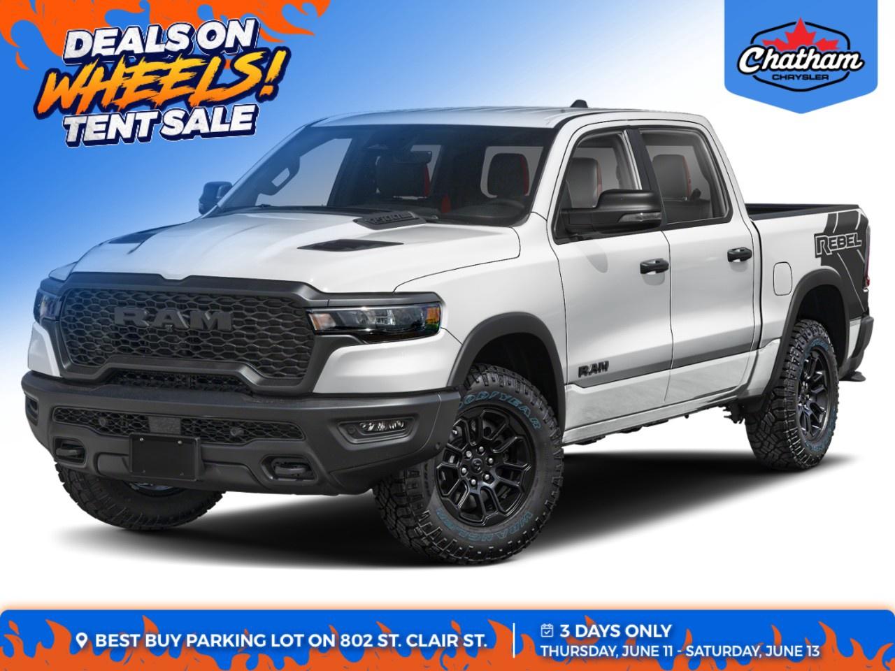 <p>Introducing the stunning 2026 Ram 1500 Rebel 4x4 Crew Cab with a 5'7" Box, dressed in a striking white finish and equipped with a robust 4x4 drivetrain. This new truck promises power and precision, thanks to its remarkable handling capabilities.</p><p>On the outside, its bright white monotone paint and black painted exterior mirror caps offer a commanding presence. Step inside to experience a striking white interior that perfectly complements the rugged exterior design. Enjoy the comforts of heated front seats and a leather steering wheel, enhancing your driving experience, especially during those cold Canadian winters.</p><p>Under the hood, you'll find the Quick Order Package 27W Rebel, featuring an impressive 5.7L HEMI VVT V8 engine with eTorque, paired seamlessly with an 8-speed automatic transmission for a dynamic driving experience. Stay connected and safe with the Uconnect 5 Navigation on a 14.4" touchscreen display, complete with smart device integration, satellite radio, and a powerful 19-speaker Harman Kardon premium sound system. Safety is prioritized with advanced features like adaptive cruise control, lane assist, a backup camera, brake assist, and parking sensors, ensuring peace of mind on every journey.</p><p>Perfectly suited for adventurers and rugged explorers, the 2026 Ram 1500 Rebel offers off-road information pages and a multitude of convenience features such as remote start, keyless entry, and a wi-fi hotspot. Whether you're tackling city streets or off-road trails, this truck has it all. Visit Chatham Chrysler today or contact us for more information about this impressive vehicle and take the first step towards owning this powerhouse.</p>
