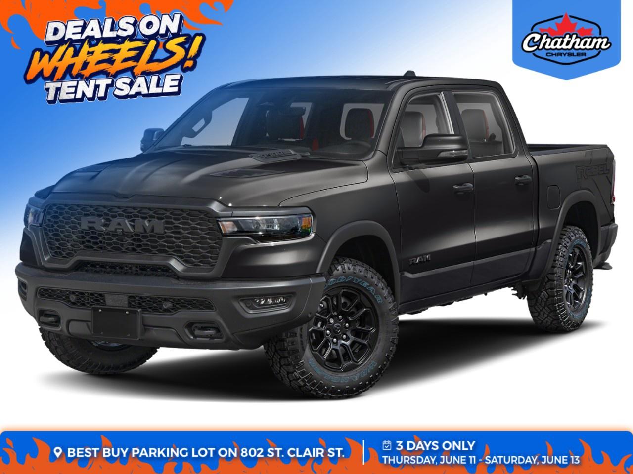<p>The 2026 Ram 1500 Rebel is a commanding truck in a bold black color, featuring a robust 4x4 drivetrain designed for exceptional handling on any terrain. This truck exudes powerful presence combined with sophisticated functionality.</p><p>Step into the stylish black interior, where practicality meets comfort. With features like heated front seats, premium leather steering wheel, and a spacious 8-way power-adjustable passenger seat, every journey is a delight. The black accents and superior craftsmanship elevate its interior design, complemented by the robust external styling of diamond black crystal pearl and monotone paint.</p><p>Equipped with cutting-edge technology, the Ram 1500 boasts a vast 14.4" touchscreen display integrated with Uconnect 5 Nav and a 19-speaker Harman/Kardon premium sound system offering immersive audio quality. Safety is paramount with adaptive cruise control, brake assist, lane assist, and parking sensors ensuring peace of mind. Enjoy advanced connectivity with smart device integration and a convenient Wi-Fi hotspot.</p><p>This vehicle is perfect for adventure seekers who desire a blend of rugged capability and luxury. Contact Chatham Chrysler today to explore this dynamic truck and let it be your reliable partner on the road.</p>