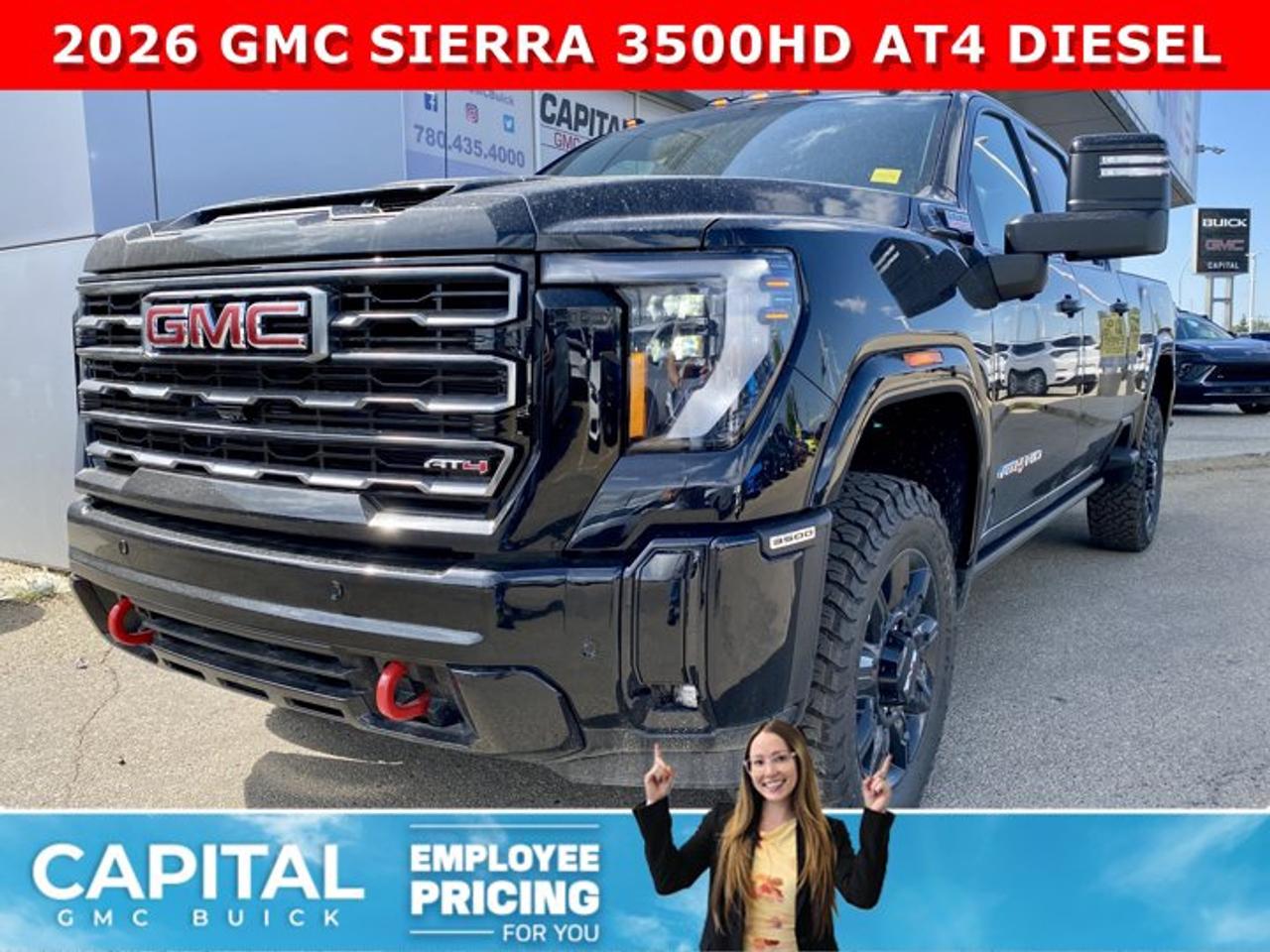Check out this 2026 GMC SIERRA 3500 HD AT4 Duramax Diesel... This fully-loaded Heavy Duty comes equipped with options like Premium Plus Package, Heated and Cooling Seats, 5th Wheel Prep, Heated Steering, Power Assist Steps, Power Sunroof, Body Color Arch Moldings, Technology Package, 360 Cam, Rear Streaming Camera Mirror, Heads-up Display, Heated Rear Seats, Adaptive Cruise Control, Wireless Charging, MultiPro Tailgate, and so much more... CALL NOW!Ask for the Internet Department for more information or book your test drive today! Text 507-585-4395 for fast answers at your fingertips!AMVIC Licensed Dealer - Licence Number B1044900