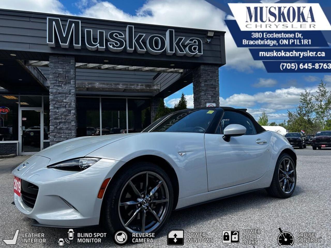 This MAZDA MX-5 GT, with a 4 Cylinder Engine engine, features a Transmission: 6-Speed Automatic -inc: manual-shift mode, drive selection switch and paddle shifters, Bilstein Shock Absorber Delete, Limited Slip Differential Delete, Strut Tower Bar Delete, Induction Sound Enhancer Delete transmission, and generates 6.6 highway/9 city L/100km. Find this vehicle with only 16924 kilometers!  MAZDA MX-5 GT Options: This MAZDA MX-5 GT offers a multitude of options. Technology options include: 2 LCD Monitors In The Front, HD Radio, MP3 Capability.  Safety options include Rain Detecting Variable Intermittent Wipers, Advanced Blind Spot Monitoring (ABSM) Blind Spot, Airbag Occupancy Sensor, Driver And Passenger Side Airbag Head Extension, Dual Stage Driver And Passenger Front Airbags.  Visit Us: Find this MAZDA MX-5 GT at Muskoka Chrysler today. We are conveniently located at 380 Ecclestone Dr Bracebridge ON P1L1R1. Muskoka Chrysler has been serving our local community for over 40 years. We take pride in giving back to the community while providing the best customer service. We appreciate each and opportunity we have to serve you, not as a customer but as a friend