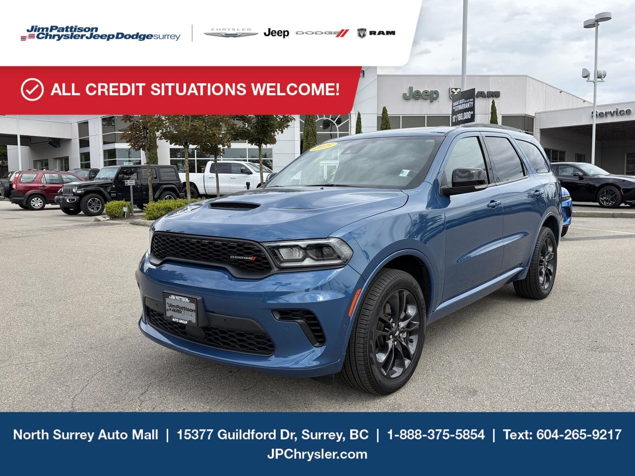 2025 Dodge Durango GT Plus AWD | Blacktop Package | 2nd Row Captains Chairs | Low KM

Price: $52,500

Take on every drive with confidence in this 2025 Dodge Durango GT Plus AWD. With only 6,125 km, this accident-free SUV offers bold styling, premium comfort, and impressive capability for families and adventure seekers alike.

Finished in a striking Blue exterior and equipped with the Blacktop Package, this Durango stands out with its sporty appearance while delivering smooth, confident performance from the dependable 3.6L Pentastar V6 engine paired with All-Wheel Drive.

Key Features:

Only 6,125 km
GT Plus Trim
3.6L Pentastar V6 Engine
All-Wheel Drive (AWD)
Blacktop Package
2nd Row Captains Chairs
Three-row seating
Leather-trimmed interior
Heated front and second-row seats
Heated steering wheel
Power liftgate
Remote start
Uconnect touchscreen infotainment system
Apple CarPlay & Android Auto
Navigation (if equipped)
Tri-zone automatic climate control
Adaptive Cruise Control
Blind Spot Monitoring
Rear Cross Path Detection
ParkSense Rear Park Assist
LED headlights and taillights
Premium black alloy wheels
Keyless Enter n Go with push-button start

Whether youre commuting, heading out on a road trip, or towing your weekend toys, the Durango GT Plus delivers the perfect blend of performance, versatility, and premium features.

Priced at just $52,500, this low-kilometre 2025 Durango wont last long.

Contact us today to book your test drive or learn more about this exceptional SUV!

Price includes documentation fee ($895) and VSA Transaction Levy ($10). Finance placement fee ($595) if applicable, GST and PST are additional. Call 1-877-868-1775! Financing available OAC. D#30394