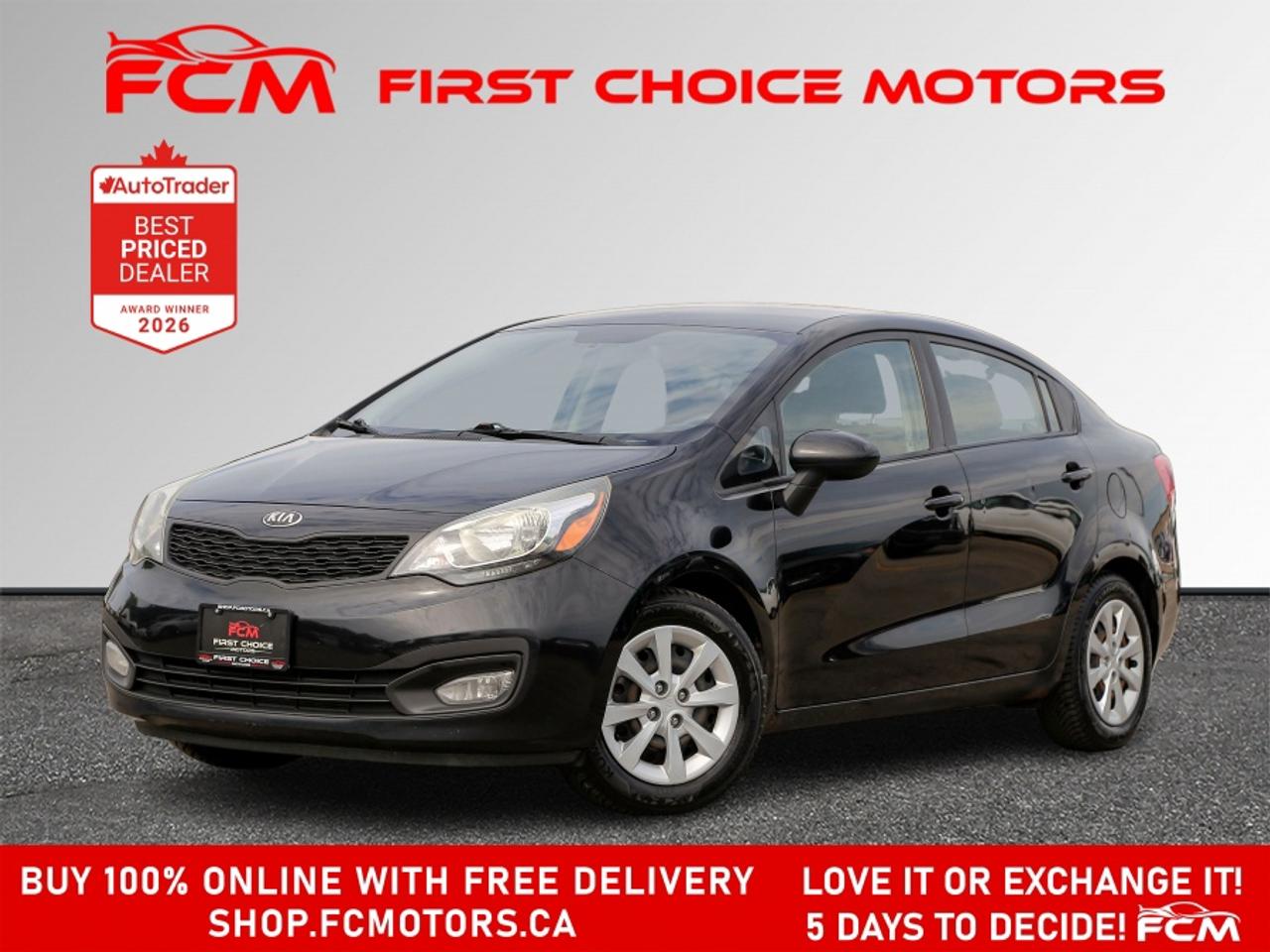 ** ** SPECIAL LIMITED TIME OFFER ** ** PURCHASE ANY VEHICLE THIS WEEK AND RECEIVE 4 BRAND-NEW ALL-SEASON TIRES AT NO ADDITIONAL COST!!! DON   T MISS THIS EXCLUSIVE CHANCE TO UPGRADE YOUR RIDE AND STAY PREPARED FOR ANY WEATHER!!! <br><br>EXCITING NEWS FROM FIRST CHOICE MOTORS! Our brand-new online showroom is now open to the public, bringing the ultimate car shopping experience right to your fingertips! Enjoy a 100% online car shopping experience, with over 500 certified vehicles in stock, comprehensive protection plans, and thousands of new auto parts & accessories available! Plus, for a limited time, were offering FREE deliveries across Ontario on all vehicle purchases! Dont miss out   visit Shop.fcmotors.ca to find and upgrade your perfect vehicle today!<br><br>Welcome to First Choice Motors, the largest car dealership in Toronto of pre-owned cars, SUVs, and vans priced between $5000-$15,000. With an impressive inventory of over 300 vehicles in stock, we are dedicated to providing our customers with a vast selection of affordable and reliable options. <br><br>Were thrilled to offer a used 2013 Kia Rio LX, black color with 194,000km (STK#9976) This vehicle was $5490 NOW ON SALE FOR $4990. It is equipped with the following features:<br>- Manual Transmission<br>- Heated seats<br>- Bluetooth<br>- Power windows<br>- Power locks<br>- Power mirrors<br>- Air Conditioning<br><br>At First Choice Motors, we believe in providing quality vehicles that our customers can depend on. All our vehicles come with a 36-day guarantee on all safety related items. We also offer additional warranty options up to 5 years for our customers who want extra peace of mind.<br><br>Furthermore, all our vehicles are sold fully certified with brand new brakes rotors and pads, a fresh oil change, and brand new set of all-season tires installed & balanced. You can be confident that this car is in excellent condition and ready to hit the road.<br><br>At First Choice Motors, we believe that everyone deserves a chance to own a reliable and affordable vehicle. Thats why we offer financing options with low interest rates starting at 7.9% O.A.C. Were proud to approve all customers, including those with bad credit, no credit, students, and even 9 socials. Our finance team is dedicated to finding the best financing option for you and making the car buying process as smooth and stress-free as possible.<br><br>Our dealership is open 7 days a week to provide you with the best customer service possible. We carry the largest selection of used vehicles for sale under $9990 in all of Ontario. We stock over 300 cars, mostly Hyundai, Chevrolet, Mazda, Honda, Volkswagen, Toyota, Ford, Dodge, Kia, Mitsubishi, Acura, Lexus, and more. With our ongoing sale, you can find your dream car at a price you can afford. Come visit us today and experience why we are the best choice for your next used car purchase!<br><br>All prices include $22.00 OMVIC Fee.  Excludes, license plates, ownership registration and ONTARIO HST (13%)<br>*No Credit Card payments can be accepted for Vehicle Purchases*