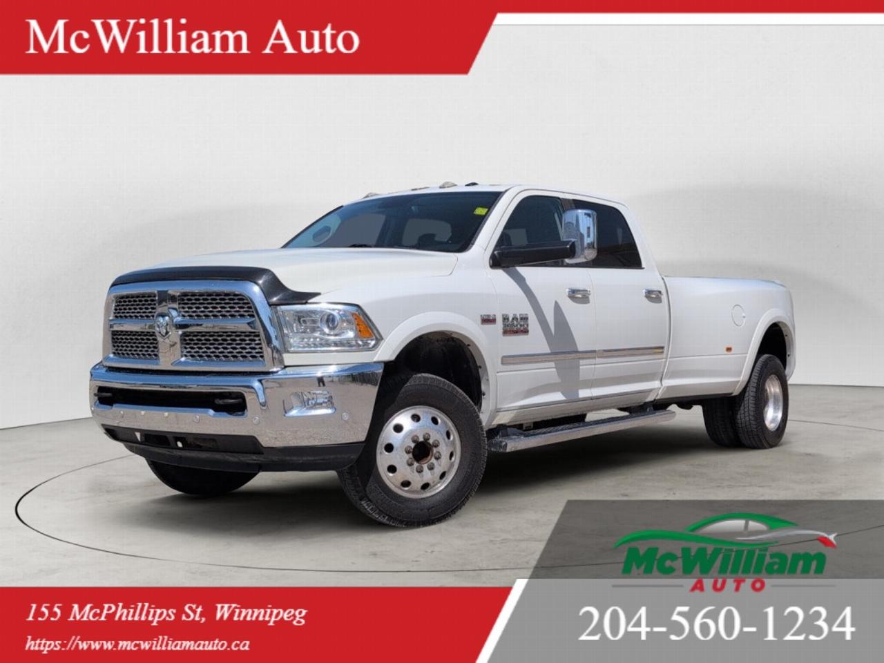 At McWilliam Auto, we operate as a one-price dealership. Our vehicles are competitively priced from the start to offer exceptional value and a transparent buying experience. All vehicle prices are firm and non-negotiable.in.MECHANICAL / PERFORMANCE6.4L HEMI V8 Engine<br data-start=in.45in. data-end=in.48in. /> Heavy Duty Automatic Transmission<br data-start=in.81in. data-end=in.84in. /> Dual Rear Wheel Configuration<br data-start=in.113in. data-end=in.116in. /> Four-Wheel Drive<br data-start=in.132in. data-end=in.135in. /> Heavy Duty Suspension<br data-start=in.156in. data-end=in.159in. /> Integrated Trailer Brake Controller<br data-start=in.194in. data-end=in.197in. /> Tow/Haul Mode<br data-start=in.210in. data-end=in.213in. /> Electronic Shift-On-The-Fly Transfer Case<br data-start=in.254in. data-end=in.257in. /> Trailer Tow Package<br data-start=in.276in. data-end=in.279in. /> Engine Block Heater<br data-start=in.298in. data-end=in.301in. /> Power Steering<br data-start=in.315in. data-end=in.318in. /> Remote Start<br data-start=in.330in. data-end=in.333in. /> 8 Foot Cargo Bed<br data-start=in.349in. data-end=in.352in. /> Tow Capacity up to 13,000-15,000 lbsSAFETYBackup Camera<br data-start=in.413in. data-end=in.416in. /> Electronic Stability Control<br data-start=in.444in. data-end=in.447in. /> Traction Control<br data-start=in.463in. data-end=in.466in. /> 4-Wheel ABS Brakes<br data-start=in.484in. data-end=in.487in. /> Brake Assist<br data-start=in.499in. data-end=in.502in. /> Tire Pressure Monitoring System<br data-start=in.533in. data-end=in.536in. /> Advanced Multistage Front Air Bags<br data-start=in.570in. data-end=in.573in. /> Supplemental Side Curtain Air Bags<br data-start=in.607in. data-end=in.610in. /> Supplemental Front Seat-Mounted Side Air Bags<br data-start=in.655in. data-end=in.658in. /> Trailer Sway Control<br data-start=in.678in. data-end=in.681in. /> Park Assist Sensors<br data-start=in.700in. data-end=in.703in. /> Automatic Headlights<br data-start=in.723in. data-end=in.726in. /> Child Safety Rear Door LocksTECHNOLOGY / INFOTAINMENTAlpine Premium Audio System with 10 Speakers<br data-start=in.829in. data-end=in.832in. /> Touchscreen Display<br data-start=in.851in. data-end=in.854in. /> Bluetooth Connectivity<br data-start=in.876in. data-end=in.879in. /> Navigation System<br data-start=in.896in. data-end=in.899in. /> USB Input<br data-start=in.908in. data-end=in.911in. /> AUX Input<br data-start=in.920in. data-end=in.923in. /> Voice Command Capability<br data-start=in.947in. data-end=in.950in. /> Steering Wheel Audio Controls<br data-start=in.979in. data-end=in.982in. /> Cruise Control<br data-start=in.996in. data-end=in.999in. /> Remote Keyless Entry<br data-start=in.1019in. data-end=in.1022in. /> Push Button Start<br data-start=in.1039in. data-end=in.1042in. /> Digital Driver Information DisplayCOMFORT / INTERIORLeather Interior<br data-start=in.1116in. data-end=in.1119in. /> Heated Front Seats<br data-start=in.1137in. data-end=in.1140in. /> Ventilated Front Seats<br data-start=in.1162in. data-end=in.1165in. /> Heated Steering Wheel<br data-start=in.1186in. data-end=in.1189in. /> Power Driver Seat<br data-start=in.1206in. data-end=in.1209in. /> Power Passenger Seat<br data-start=in.1229in. data-end=in.1232in. /> Memory Driver Seat<br data-start=in.1250in. data-end=in.1253in. /> Dual Zone Climate Control<br data-start=in.1278in. data-end=in.1281in. /> Power Folding Mirrors<br data-start=in.1302in. data-end=in.1305in. /> Power Windows<br data-start=in.1318in. data-end=in.1321in. /> Power Door Locks<br data-start=in.1337in. data-end=in.1340in. /> Power Adjustable Pedals<br data-start=in.1363in. data-end=in.1366in. /> Leather Wrapped Steering Wheel<br data-start=in.1396in. data-end=in.1399in. /> Rear Folding Bench Seat<br data-start=in.1422in. data-end=in.1425in. /> Center Console Storage<br data-start=in.1447in. data-end=in.1450in. /> Front and Rear CupholdersEXTERIOR / STYLINGDual Rear Wheels<br data-start=in.1515in. data-end=in.1518in. /> Chrome Front Grille<br data-start=in.1537in. data-end=in.1540in. /> Chrome Bumpers<br data-start=in.1554in. data-end=in.1557in. /> Fog Lights<br data-start=in.1567in. data-end=in.1570in. /> Running Boards<br data-start=in.1584in. data-end=in.1587in. /> Power Folding Tow Mirrors<br data-start=in.1612in. data-end=in.1615in. /> Alloy Wheels<br data-start=in.1627in. data-end=in.1630in. /> Tinted Glass<br data-start=in.1642in. data-end=in.1645in. /> Cargo Bed Lighting<br data-start=in.1663in. data-end=in.1666in. /> Rear Sliding Window<br data-start=in.1685in. data-end=in.1688in. /> Automatic HeadlightsOFF ROAD / CAPABILITY4X4 Capability<br data-start=in.1749in. data-end=in.1752in. /> Heavy Duty Tow Package<br data-start=in.1774in. data-end=in.1777in. /> Integrated Trailer Brake Controller<br data-start=in.1812in. data-end=in.1815in. /> Trailer Sway Control<br data-start=in.1835in. data-end=in.1838in. /> Electronic Shift-On-The-Fly Transfer Case<br data-start=in.1879in. data-end=in.1882in. /> Skid Plates<br data-start=in.1893in. data-end=in.1896in. /> High Payload Capacity<br data-start=in.1917in. data-end=in.1920in. /> Dual Rear Wheel StabilityDealer Permit No.4611<br data-start=in.1968in. data-end=in.1971in. /> Stock Number#4935<br data-start=in.1988in. data-end=in.1991in. /> McWilliam Auto, 155 McPhillips Street, Winnipeg MB<br><br> IMPORTANT DISCLAIMER: This vehicle is a used vehicle, all the features and information may not be accurate from the descriptions above, please check the vehicle in