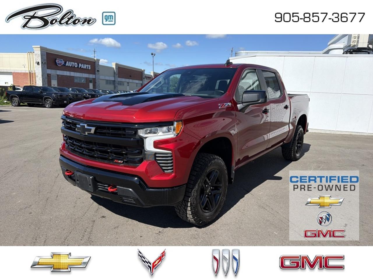 <b>CERTIFIED PRE-OWNED - FINANCE @ 0.99%<br> <br></b><br>  Our sales staff will help you find that used vehicle you have been looking for - come see us today!<br> <br>Astoundingly advanced and exceedingly premium, this 2024 Chevrolet Silverado 1500 is designed for pickup excellence. This 2024 Chevrolet Silverado 1500 is for sale today in Bolton.<br> <br>This 2024 Chevrolet Silverado 1500 stands out in the midsize pickup truck segment, with bold proportions that create a commanding stance on and off road. Next level comfort and technology is paired with its outstanding performance and capability. Inside, the Silverado 1500 supports you through rough terrain with expertly designed seats and robust suspension. This amazing 2024 Silverado 1500 is ready for whatever.<br> <br>This Crew Cab 4X4 pickup has 39,861 km and is a Certified Pre-Owned vehicle. Its Radiant Red Tintcoat in colour and is completely accident free based on the <a href=https://vhr.carfax.ca/?id=c5bE+8v4CVqErJG65RK6AY6c7zLDH0M7 target=_blank>CARFAX Report</a>. It has an Automatic transmission and is powered by a 355HP 5.3L 8 Cylinder Engine. And its got a certified used vehicle warranty for added peace of mind. <br> <br> Our Silverado 1500s trim level is LT Trail Boss. Blending iconic appearance with off road capability, this adventure-ready Silverado 1500 LT Trail Boss is ready for anything you put in front of it. This rugged pickup comes loaded with Chevrolets legendary Z71 off road suspension and a 2 inch lift, an exclusive raised hood with black inserts, exclusive aluminum wheels, underbody skid plates, a useful trailer hitch, remote engine start, an EZ Lift tailgate and a 10 way power driver seat. It also comes with Chevrolets Premium Infotainment 3 system that features a larger touchscreen display, wireless Apple CarPlay, wireless Android Auto, and SiriusXM. Additional features include forward collision warning with automatic braking, lane keep assist, intellibeam LED headlights and fog lights, an HD rear view camera and hill descent control. This vehicle has been upgraded with the following features: Convenience Package II, Leather Seats, 18 Aluminum Wheels.<br> <br>To apply right now for financing use this link: <a href=http://www.boltongm.ca/?https://CreditOnline.dealertrack.ca/Web/Default.aspx?Token=44d8010f-7908-4762-ad47-0d0b7de44fa8&Lang=en target=_blank>http://www.boltongm.ca/?https://CreditOnline.dealertrack.ca/Web/Default.aspx?Token=44d8010f-7908-4762-ad47-0d0b7de44fa8&Lang=en</a><br> <br/>This vehicle has met our highest standard and has been put through the GM certification process by our GM trained technicians. Our GM Certified used vehicles go thru an extensive 150 + point inspection and are reconditioned back to near new condition. Each vehicle comes with a minimum of a 3 month, 5000 KM warranty or the balance of the factory warranty (whichever is longer) with 24 hour roadside assistance. They also come with satisfaction guaranteed; a 30 day or 2500 km exchange privilege if you are not completely satisfied. And thats standard. If your budget permits, you can extend or upgrade to an even more comprehensive Certified Pre-Owned Vehicle Protection Plan. Youll also appreciate the convenience of being able to transfer any existing warranties to a new owner, should you ever decide to sell your Certified Pre-Owned Vehicle. If you are a student or recently graduated, you may also qualify for an additional $500 discount when a used GM vehicle is purchased.  For more information, please call any of our knowledgeable used vehicle staff at 877-335-7544.<br> <br/><br>Call 1-877-626-5866 NOW before this vehicle is sold!!! 
*No Hassles, No Haggles, No Admin Fees,* *JUST OUR BEST PRICE, FIRST*!!!
*** GOOD CREDIT, BAD CREDIT, NO CREDIT, LET OUR FINANCE MANAGERS SHOW YOU THE DIFFERENCE THAT BUYING FROM BOLTON GM WILL MAKE, WE SPECIALIZE IN REBUILDING YOUR CREDIT!!!!*** 
Bolton GM is Only 15 minutes from Hwy 9, 400, 427 and 410
See our complete inventory at www.boltongm.ca
<br> Come by and check out our fleet of 20+ used cars and trucks and 110+ new cars and trucks for sale in Bolton.  o~o