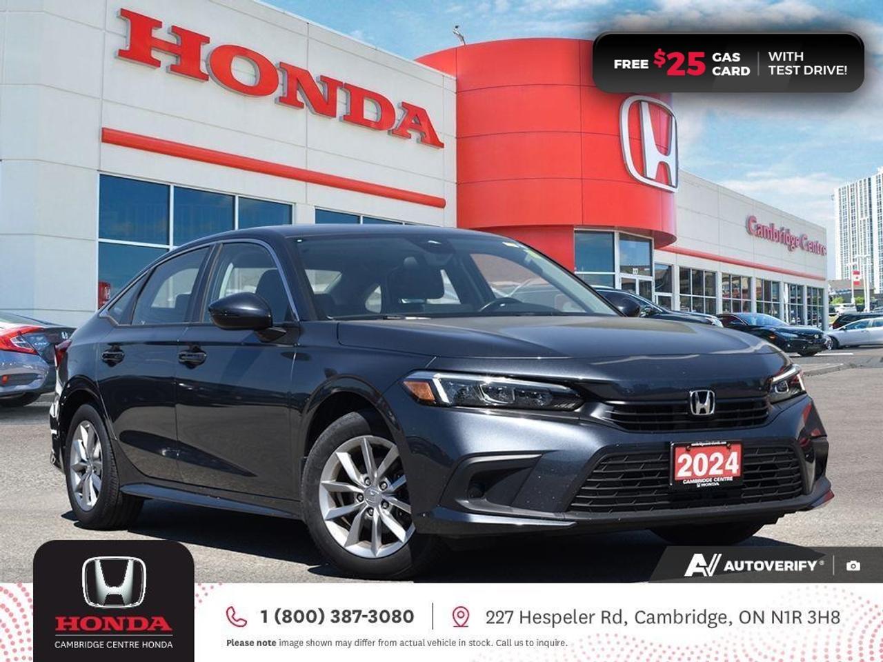 <p><span style=color:rgb( 0 , 0 , 0 )><strong>FUEL-EFFICIENT CIVIC! CLEAN CARFAX HISTORY! ONE PREVIOUS OWNER!</strong></span></p><p><span style=color:rgb( 0 , 0 , 0 )>2024 Honda Civic EX featuring CVT transmission, five passenger seating, remote engine starter, rearview camera with dynamic guidelines, power sunroof, Apple CarPlay and Android Auto connectivity, ECON mode, Bluetooth, AM/FM audio system with two USB inputs, steering wheel mounted controls, cruise control, air conditioning, dual climate zones, heated front seats, 12V power outlet, proximity key entry, push button start, power mirrors, power locks, power windows, 60/40 split fold-down rear seatback, Anchors and Tethers for Children (LATCH), The Honda Sensing Technologies - Adaptive Cruise Control, Forward Collision Warning system, Collision Mitigation Braking system, Lane Departure Warning system, Lane Keeping Assist system and Road Departure Mitigation system, remote keyless entry, daytime running lights, electronic stability control and anti-lock braking system. Contact Cambridge Centre Honda for special discounted finance rates, as low as 8.99%, on approved credit from Honda Financial Services.</span></p><p><span style=color:rgb( 255 , 0 , 0 )><strong>FREE $25 GAS CARD WITH TEST DRIVE!</strong></span></p><p><span style=color:rgb( 0 , 0 , 0 )>Our philosophy is simple. We believe that buying and owning a car should be easy, enjoyable and transparent. Welcome to the Cambridge Centre Honda Family! Cambridge Centre Honda proudly serves customers from Cambridge, Kitchener, Waterloo, Brantford, Hamilton, Waterford, Brant, Woodstock, Paris, Branchton, Preston, Hespeler, Galt, Puslinch, Morriston, Roseville, Plattsville, New Hamburg, Baden, Tavistock, Stratford, Wellesley, St. Clements, St. Jacobs, Elmira, Breslau, Guelph, Fergus, Elora, Rockwood, Halton Hills, Georgetown, Milton and all across Ontario!</span></p>