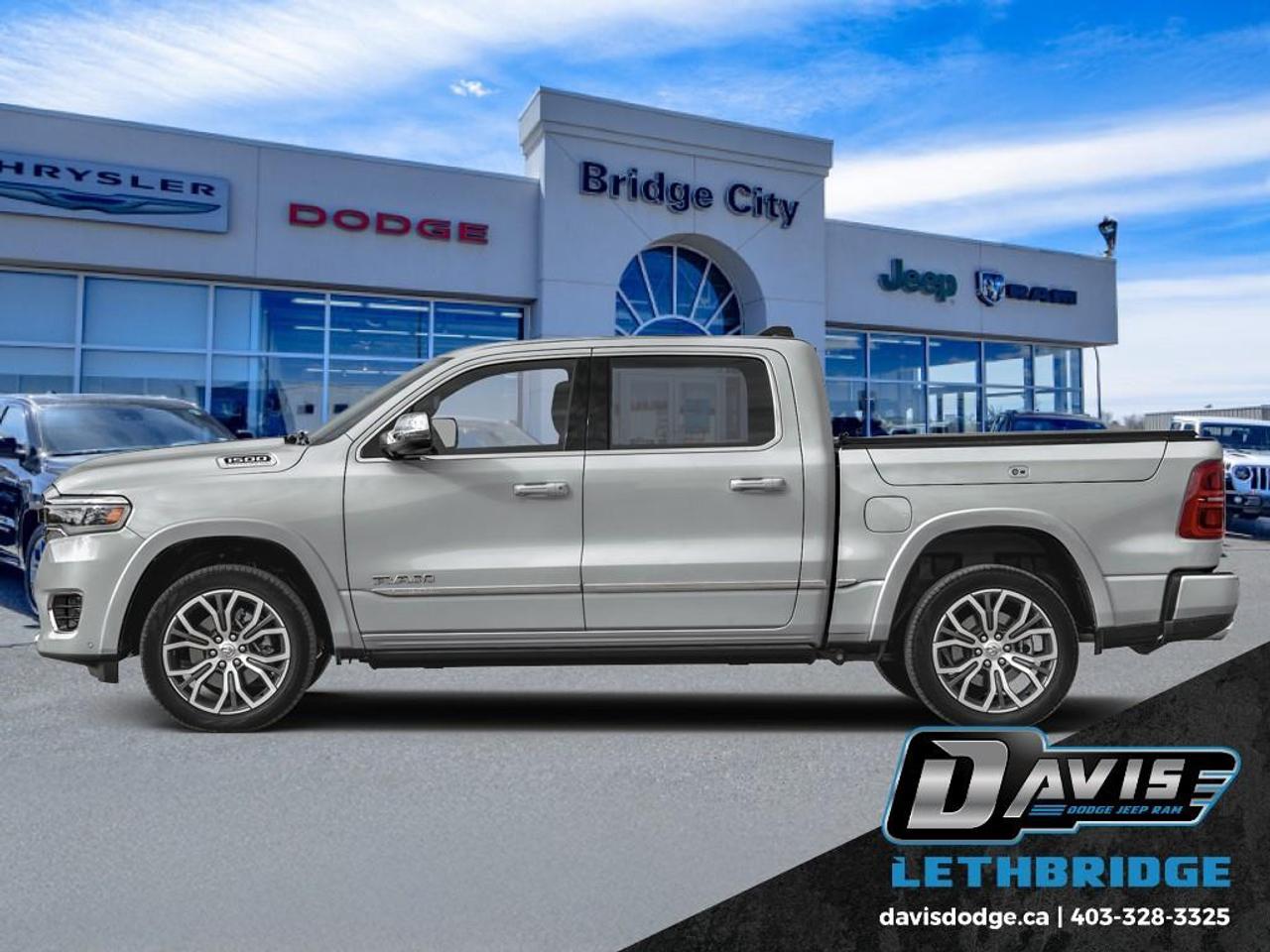 <b>Sunroof, HUD, 360 Camera, Power Tailgate, Power Running Boards!</b><br /> <br /> Built tough yet crafted for comfort, the 2026 Ram 1500 sets a new standard for modern pickup performance.<br /> <br />The Ram 1500's unmatched luxury transcends traditional pickups without compromising its capability. Loaded with best-in-class features, it's easy to see why the Ram 1500 is so popular. With the most towing and hauling capability in a Ram 1500, as well as improved efficiency and exceptional capability, this truck has the grit to take on any task.<br /> <br />This Silver Zynith Crew Cab 4X4 pickup has an Automatic transmission and is powered by a 540HP 3.0L Straight 6 Cylinder Engine. <br /> <br /> Our 1500's trim level is Tungsten. This trim rewards you with a panoramic sunroof, a driver head up display, a 360 aerial view camera system, and a sonorous 23-speaker Klipsch Reference Premiere audio system. Also standard include unique interior styling, a power tailgate, power running boards, power-adjustable pedals and auto-leveling suspension, ventilated and heated front and rear seats, massaging front seats, leather upholstery, a heated leather steering wheel, and an upgraded 14.4-inch infotainment screen powered by Uconnect 5W with inbuilt navigation, Apple CarPlay, Android Auto and 4G LTE Wi-Fi hotspot. Additional features include class IV towing equipment, a trailer wiring harness, front and rear parking sensors, blind spot detection, lane keeping assist with lane departure warning, remote start, adaptive cruise control, and even more! This vehicle has been upgraded with the following features: Sunroof, HUD, 360 Camera, Power Tailgate, Power Running Boards, Premium Audio, Massage Seats.<br /><br /> <br />To apply right now for financing use this link: <a href=https://lethbridge.davisdodge.ca/free-credit-check/ target=_blank rel=nofollow noopener noreferrer>https://lethbridge.davisdodge.ca/free-credit-check/</a><br /> <br /><br />As a premier Chrysler, Dodge, Jeep and RAM dealership, Davis Dodge proudly offers an extensive selection of new and used vehicles to meet every drivers needs. Customers across Lethbridge, Fort Macleod, Taber, Claresholm, Coaldale, and beyond trust us for daily vehicle specials, certified service and parts, and a seamless online inventory experience. <br /><br /> With competitive financing options and expert support, we make car buying easy and enjoyable. <br /><br /> Ready to hit the road? Schedule your test drive today at Davis Dodge, your trusted Chrysler, Dodge, Jeep and RAM dealer in Lethbridge, Alberta.<br /><br /> Vehicle pricing offer shown expires 2026-05-31. <br /> Come by and check out our fleet of 50+ used cars and trucks and 110+ new cars and trucks for sale in Lethbridge. o~o