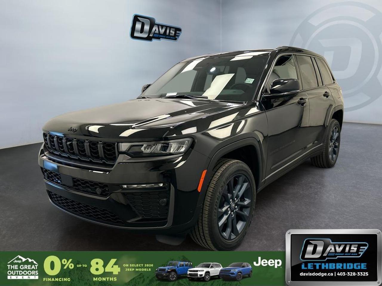 <b>Navigation, Sunroof, Remote Start, Heated Seats, Heated Steering Wheel!</b><br /> <br /> Equipped with powerful engine options and available 4x4 systems, it delivers confident performance on or off the road.<br /> <br />The 2026 Jeep Grand Cherokee combines upscale design, innovative technology, and authentic Jeep performance to create a truly premium driving experience. Inside, every detail is crafted for comfort, with intuitive features that keep you connected and in control. Whether navigating city streets or venturing off the beaten path, the Grand Cherokee delivers the perfect balance of power, luxury, and capability.<br /> <br />This Diamond Black Crystal Pearl SUV has an Automatic transmission and is powered by a 324HP 2.0L 4 Cylinder Engine. <br /> <br /> Our Grand Cherokee's trim level is 85th Anniversary. The exterior of this 85th Anniversary Edition is distinguished by exclusive commemorative decals and dark neutral metallic accents, featuring anodized blue painted wheels and a CommandView dual-pane sunroof that brightens the cabin. Step inside to discover a sophisticated interior enriched with Mayan Gold accent stitching, 85th Edition Berber floor mats, and power adjustable heated seats for both front and rear passengers. The high-tech cockpit revolves around an expansive 12.3-inch touchscreen with GPS navigation, a wireless charging pad, and a premium nine-speaker audio system supported by a 506-watt amplifier. Advanced driver assistance is central to the experience, utilizing an Active Driving Assist System, a Surround View Camera, and Traffic Sign Recognition to navigate any path with ease. Combining celebratory styling with cutting-edge utility, this SUV offers a unique blend of heritage and modern luxury for the discerning adventurer. This vehicle has been upgraded with the following features: Navigation, Sunroof, Remote Start, Heated Seats, Heated Steering Wheel, Adaptive Cruise Control, Lane Keep Assist.<br /><br /> <br />To apply right now for financing use this link: <a href=https://lethbridge.davisdodge.ca/free-credit-check/ target=_blank rel=nofollow noopener noreferrer>https://lethbridge.davisdodge.ca/free-credit-check/</a><br /> <br /><br />As a premier Chrysler, Dodge, Jeep and RAM dealership, Davis Dodge proudly offers an extensive selection of new and used vehicles to meet every drivers needs. Customers across Lethbridge, Fort Macleod, Taber, Claresholm, Coaldale, and beyond trust us for daily vehicle specials, certified service and parts, and a seamless online inventory experience. <br /><br /> With competitive financing options and expert support, we make car buying easy and enjoyable. <br /><br /> Ready to hit the road? Schedule your test drive today at Davis Dodge, your trusted Chrysler, Dodge, Jeep and RAM dealer in Lethbridge, Alberta.<br /><br /> Vehicle pricing offer shown expires 2026-06-30. <br /> Come by and check out our fleet of 60+ used cars and trucks and 100+ new cars and trucks for sale in Lethbridge. o~o
