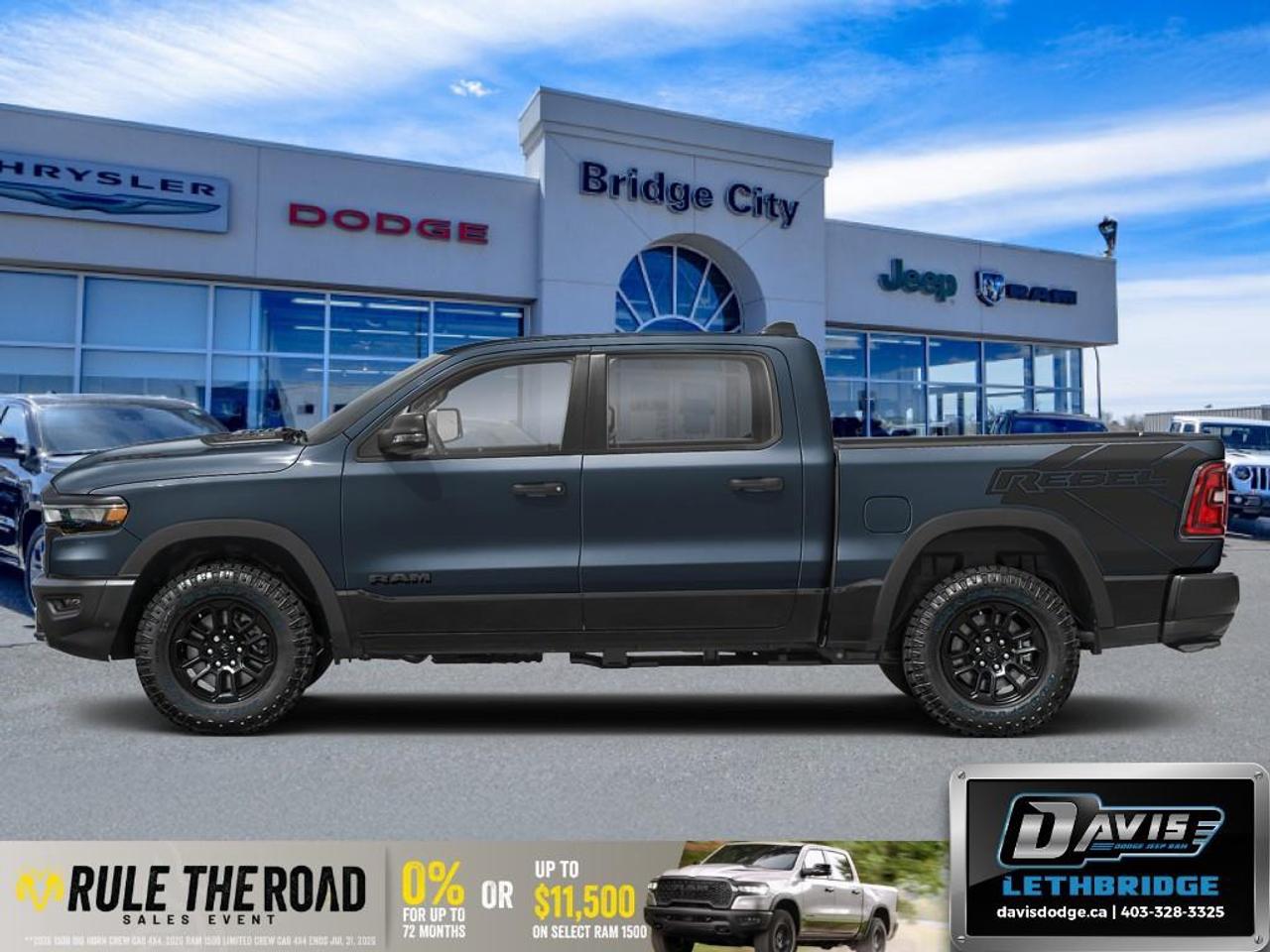 <p>Introducing the striking 2026 Ram 1500 Rebel - Rebel 4x4 Crew Cab 5'7" Box, finished in a bold blue exterior with a robust 4x4 drivetrain. Experience unparalleled handling with this new addition to the truck family.</p><p><strong>Exterior Features:</strong><br />- Monotone Forged Blue Metallic paint<br />- Alloy wheels and Rear Wheelhouse Liners<br />- Power Tailgate and Black Painted Exterior Mirror Caps<br />- Rain-Sensing Windshield Wipers and Decal delete<br />- Trailer Brake Control</p><p><strong>Interior Features:</strong><br />- Comfortable black interior with Heated Front and 2nd-Row Heated Seats<br />- Leather-Wrapped, Heated Steering Wheel<br />- Power 8-Way Adjustable Front Passenger Seat with Lumbar Adjust<br />- Dual Wireless Charging Pad for seamless connectivity<br />- Rear Window Defroster</p><p><strong>Technology & Safety Features:</strong><br />- Uconnect 5 Nav with expansive 14.4" Display<br />- Apple CarPlay and Smart device integration<br />- Navigation System with Off-Road Information Pages<br />- 19-Speaker harman/kardon Premium Sound System<br />- Wi-Fi Hotspot and Multiple USB Charging Ports<br />- Adaptive Cruise Control and Lane Assist<br />- Safety features including parking sensors, Remote Proximity Keyless Entry, and a Security Alarm</p><p>This powerhouse of a truck is perfect for adventurers and professionals who won't settle for less. Contact Davis Dodge Lethbridge today for more details and to make this exceptional vehicle yours!</p>